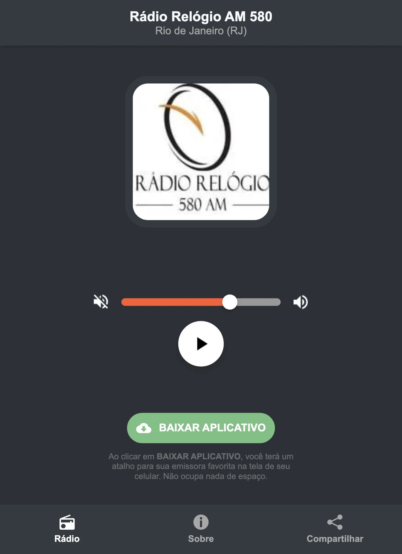 Screenshot do aplicativo da Rádio Relógio AM 580
