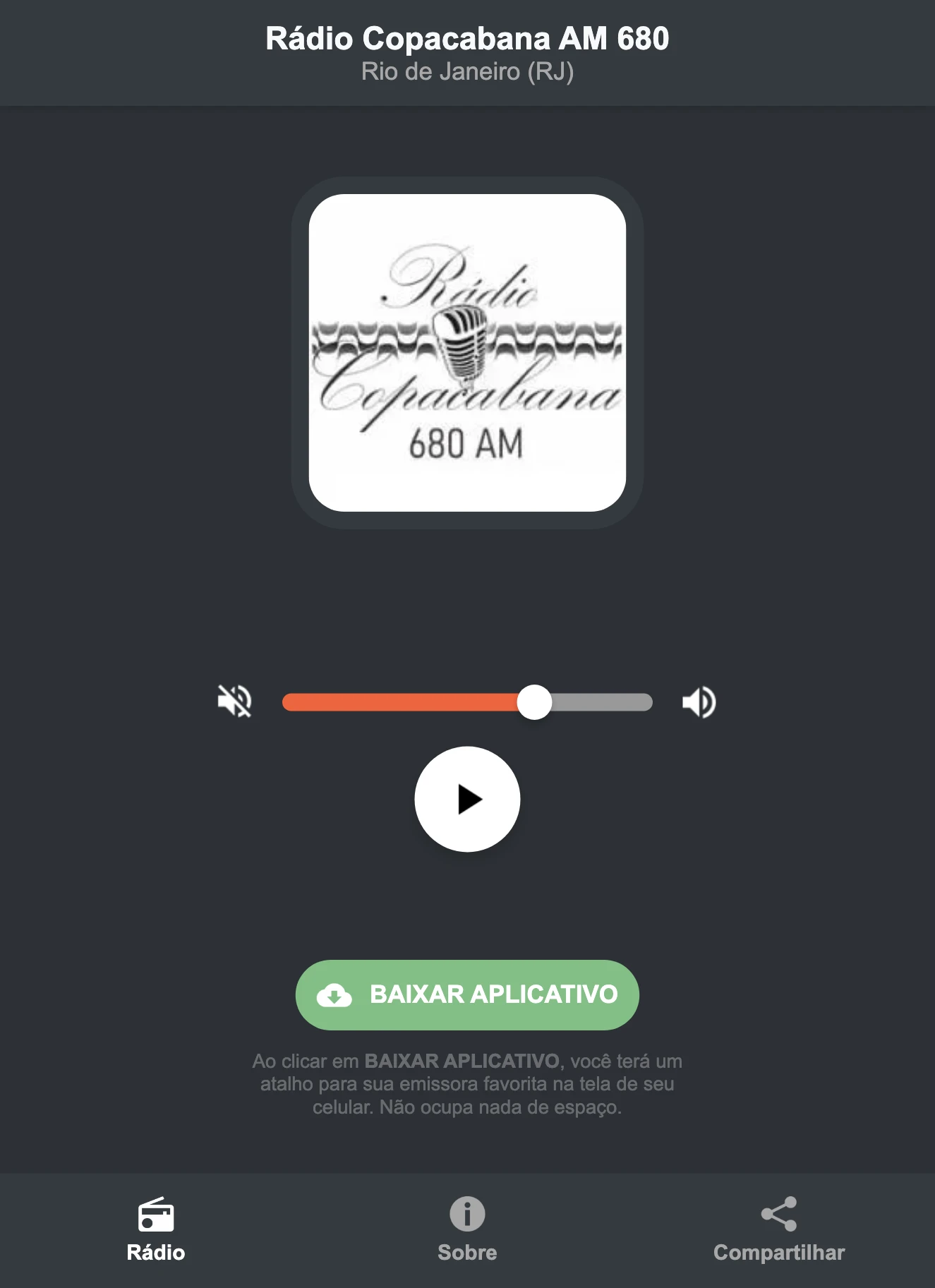 Screenshot do aplicativo da Rádio Copacabana AM 680