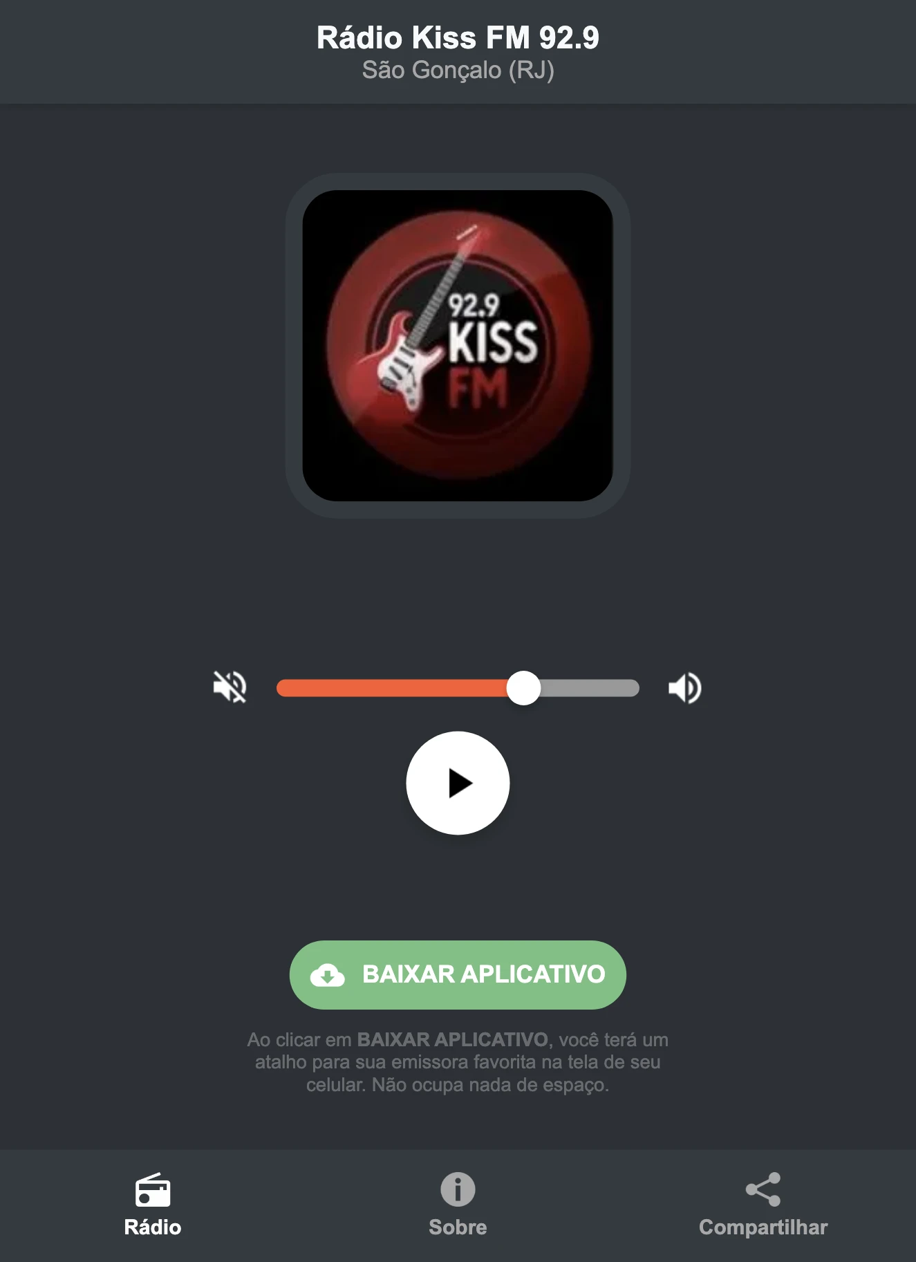 Screenshot do aplicativo da Rádio Kiss FM 92.9
