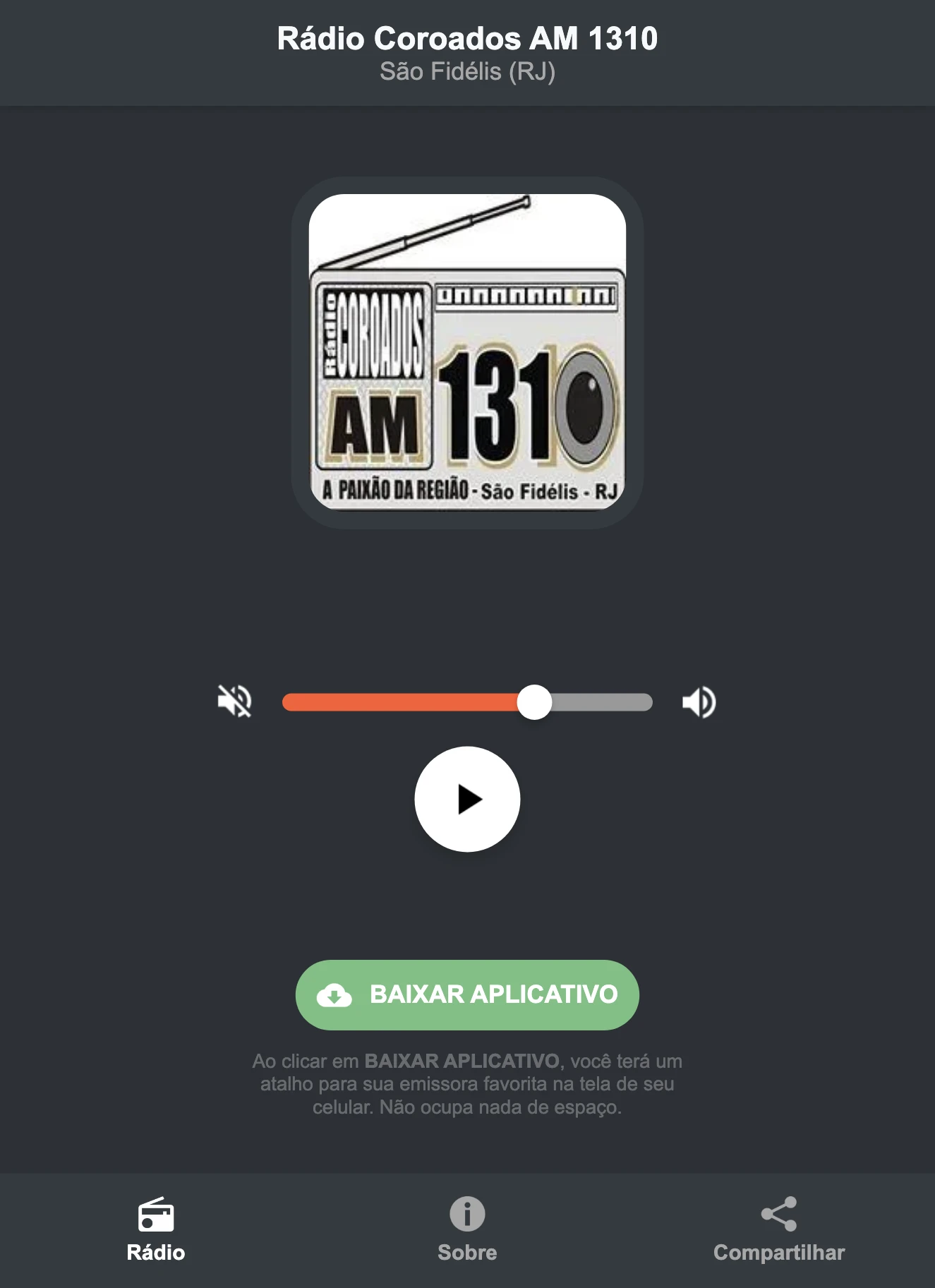 Screenshot do aplicativo da Rádio Coroados AM 1310