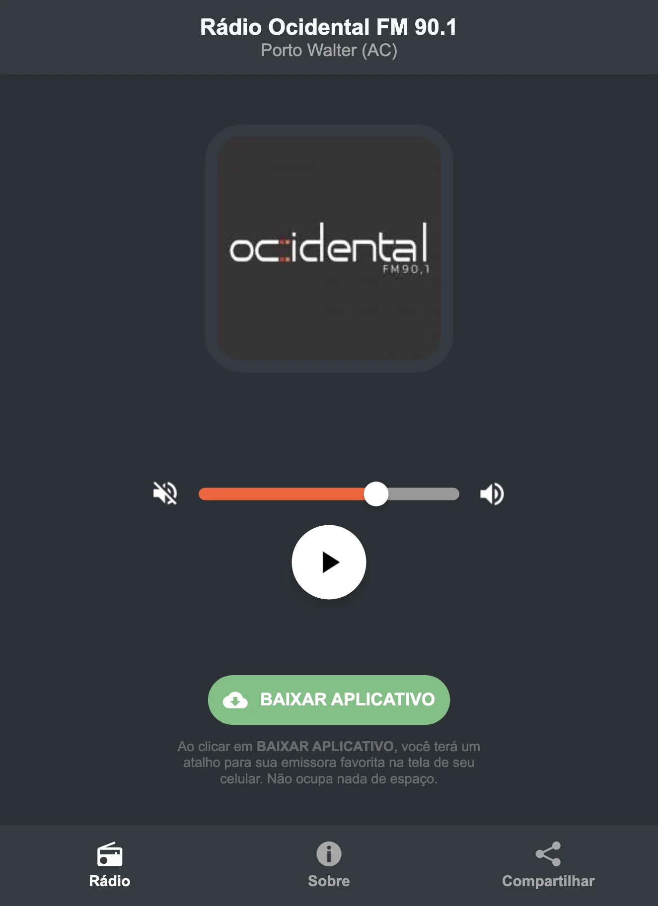 Screenshot do aplicativo da Rádio Ocidental FM 90.1