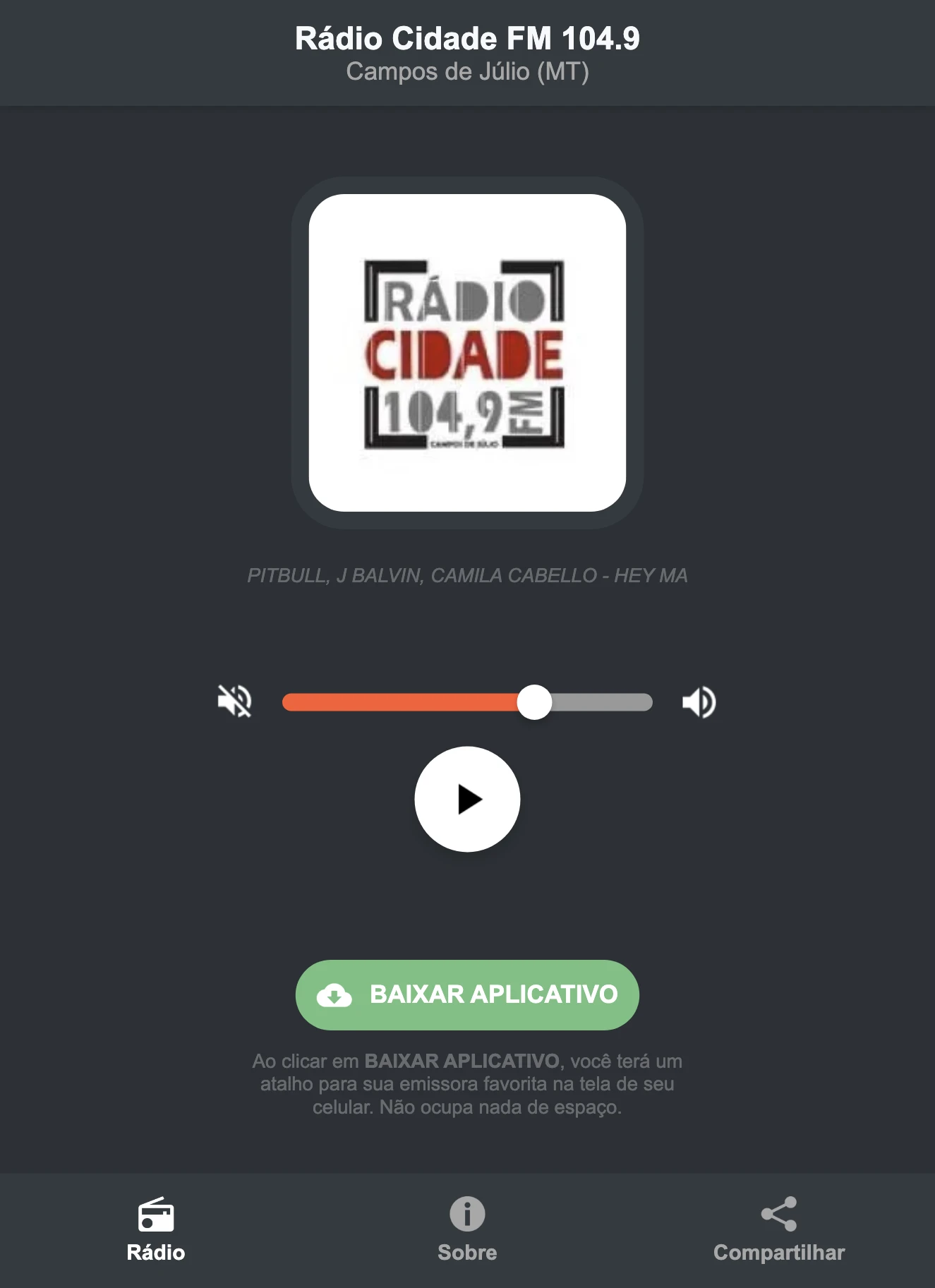 Screenshot do aplicativo da Rádio Cidade FM 104.9