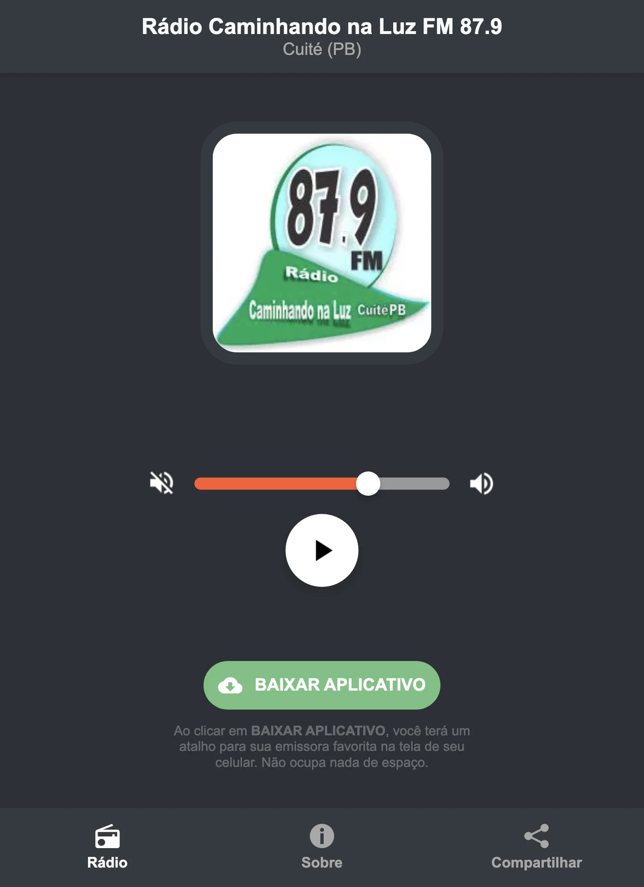 Screenshot do aplicativo da Rádio Caminhando na Luz FM 87.9