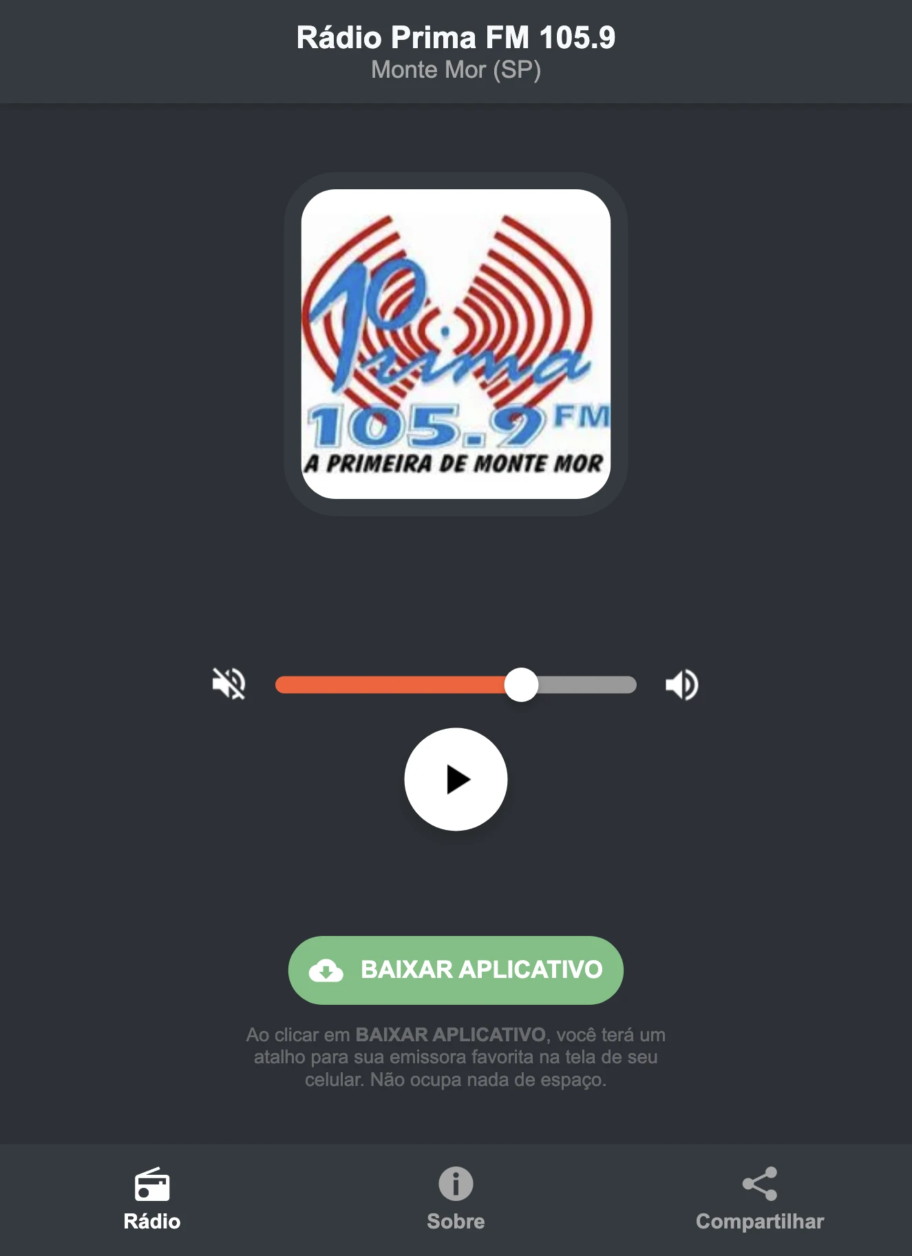 Screenshot do aplicativo da Rádio Prima FM 105.9