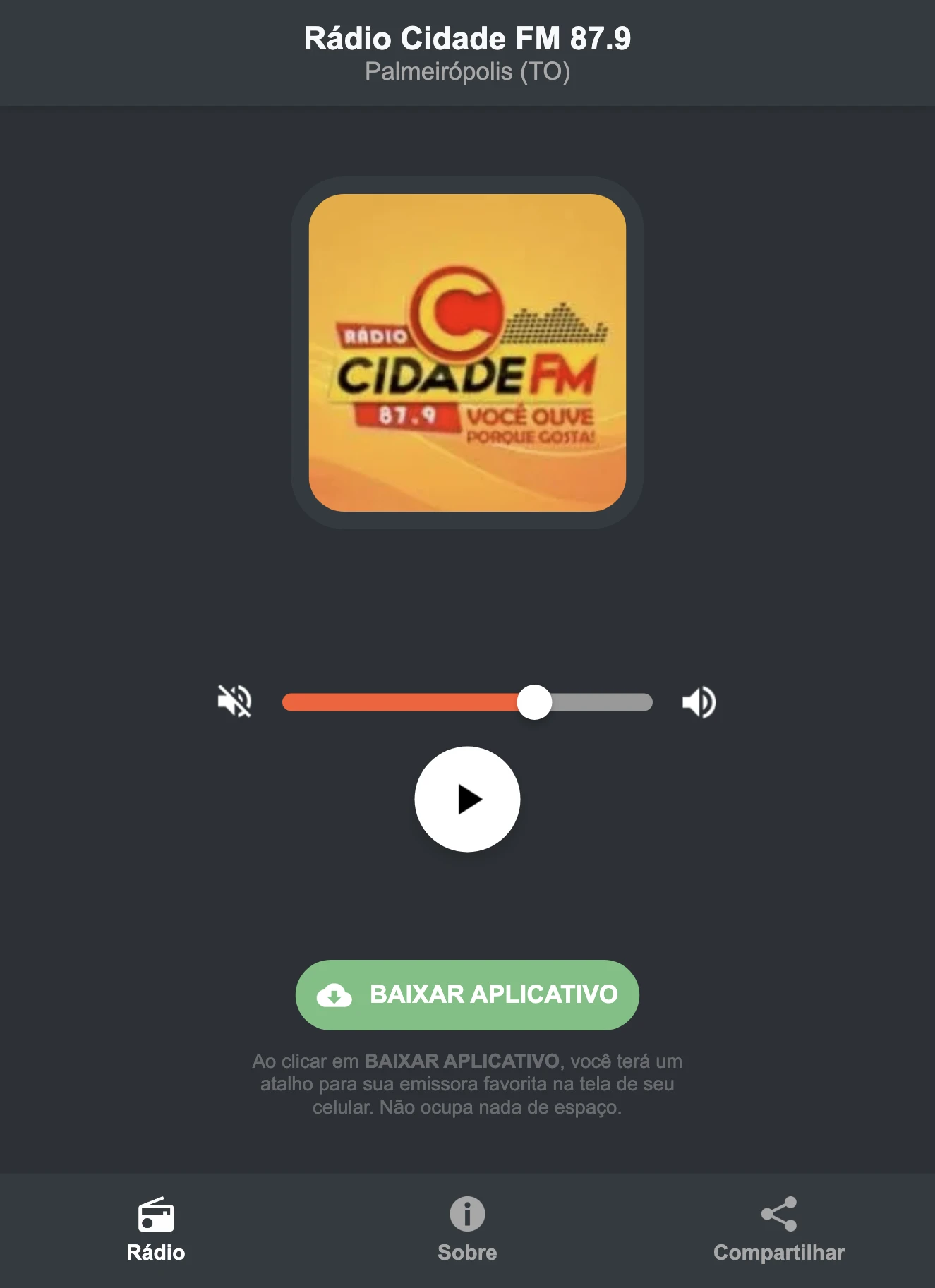 Screenshot do aplicativo da Rádio Cidade FM 87.9