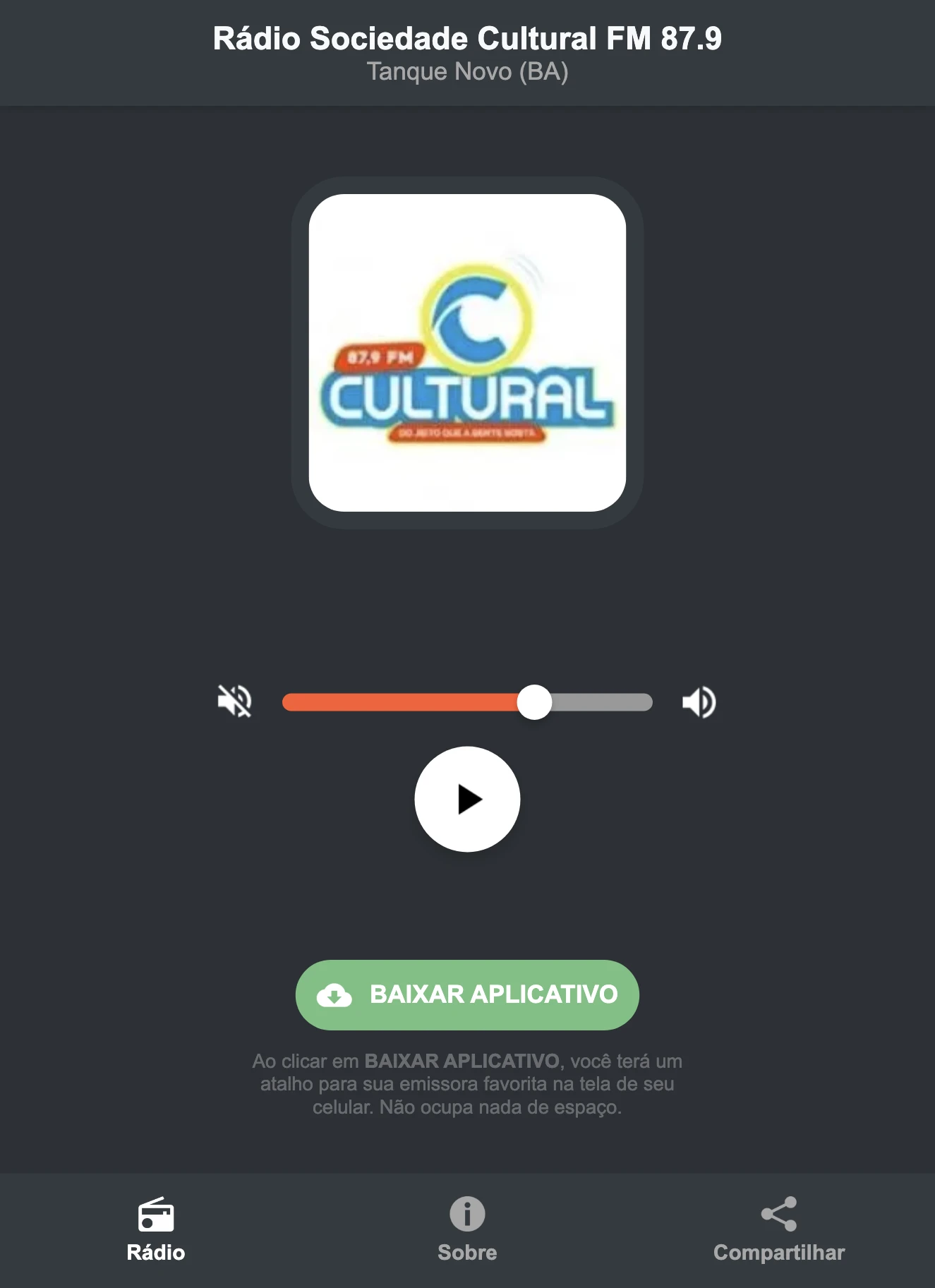 Screenshot do aplicativo da Rádio Sociedade Cultural FM 87.9