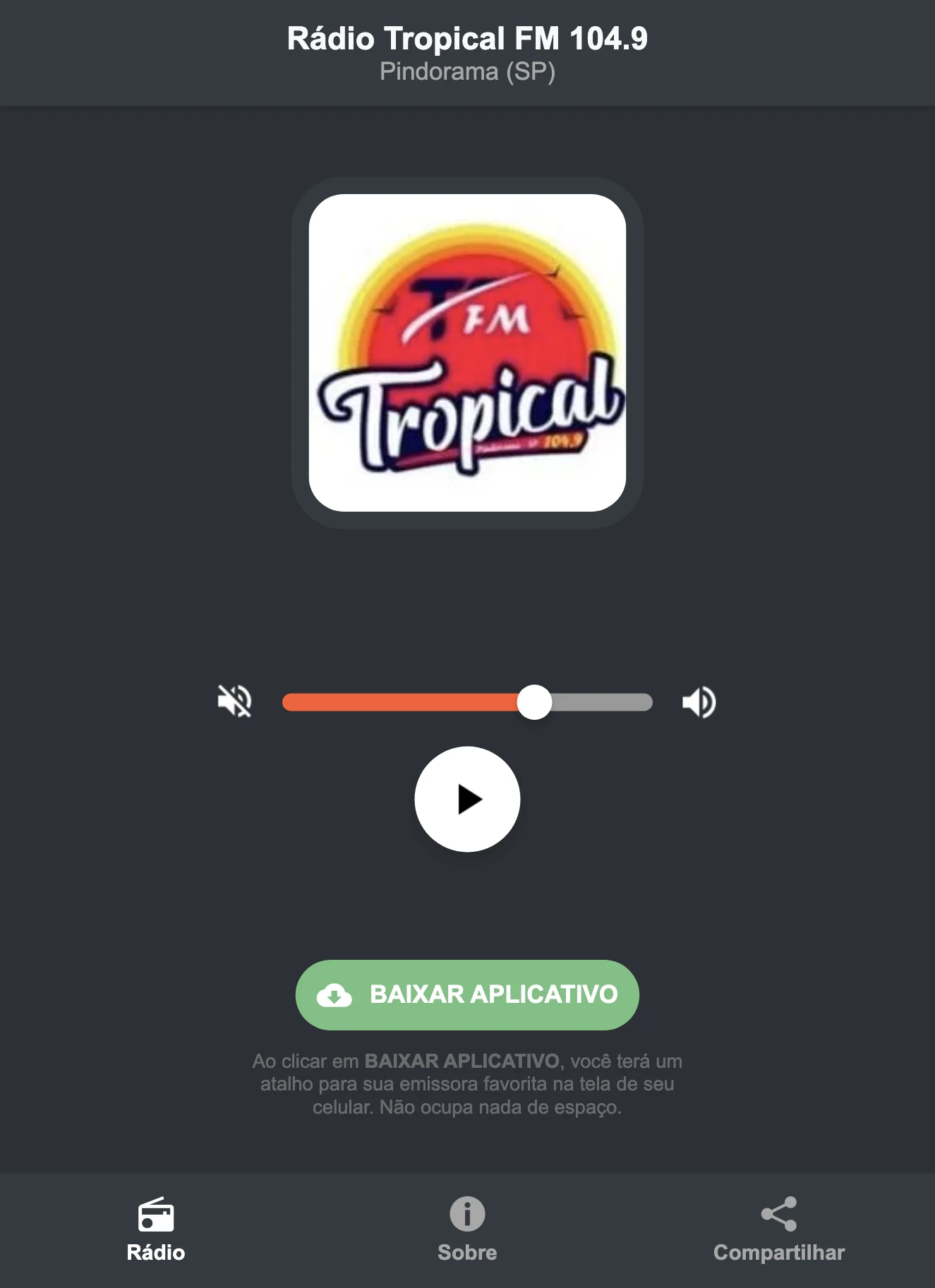 Screenshot do aplicativo da Rádio Tropical FM 104.9