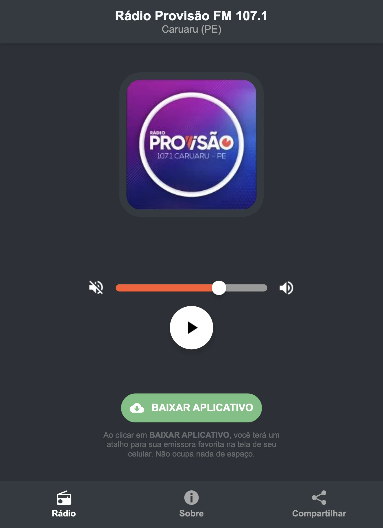 Screenshot do aplicativo da Rádio Provisão FM 107.1