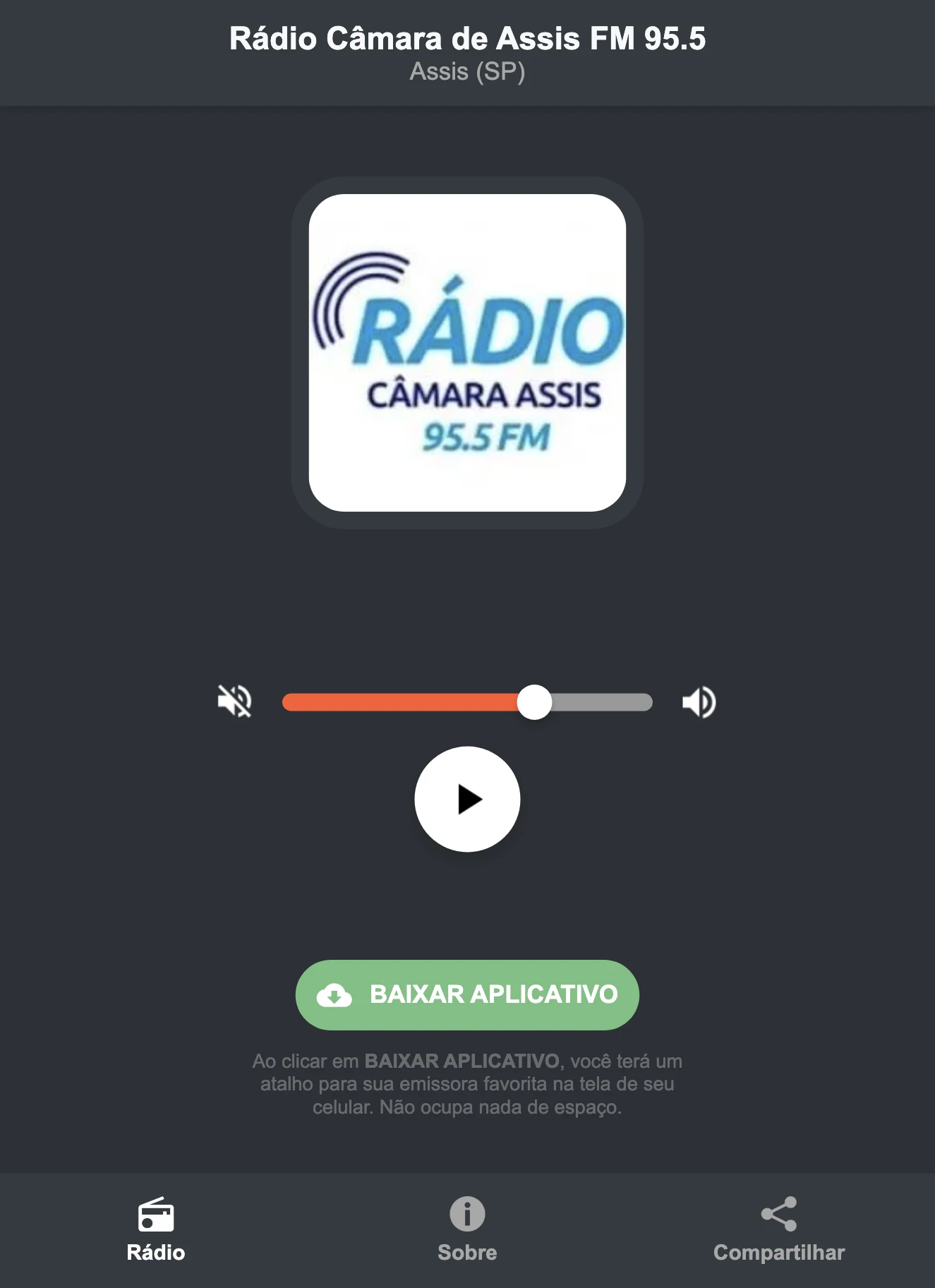 Screenshot do aplicativo da Rádio Câmara de Assis FM 95.5