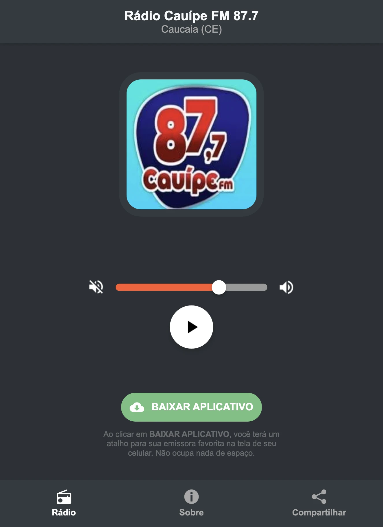 Screenshot do aplicativo da Rádio Cauípe FM 87.7