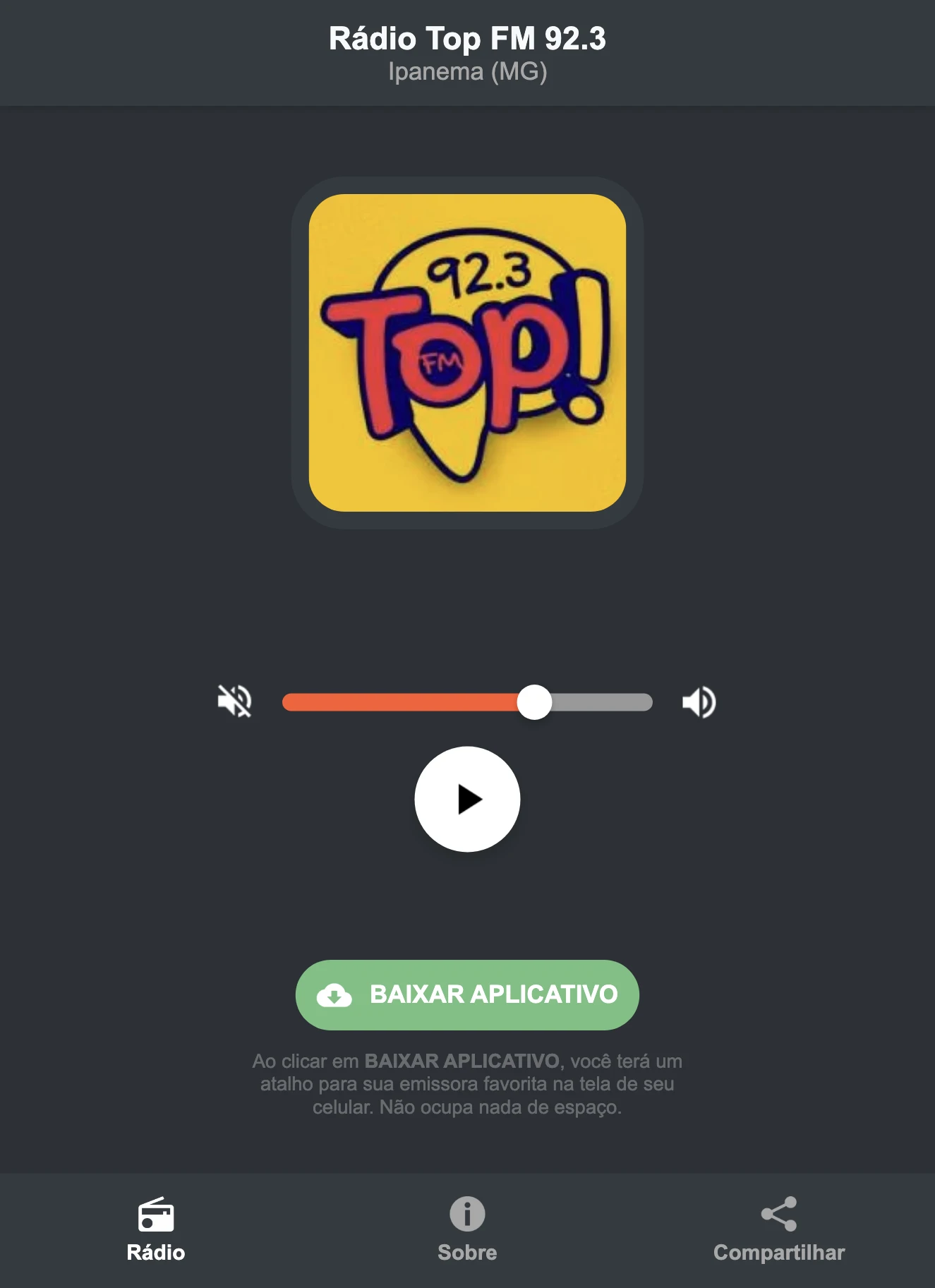 Screenshot do aplicativo da Rádio Top FM 92.3