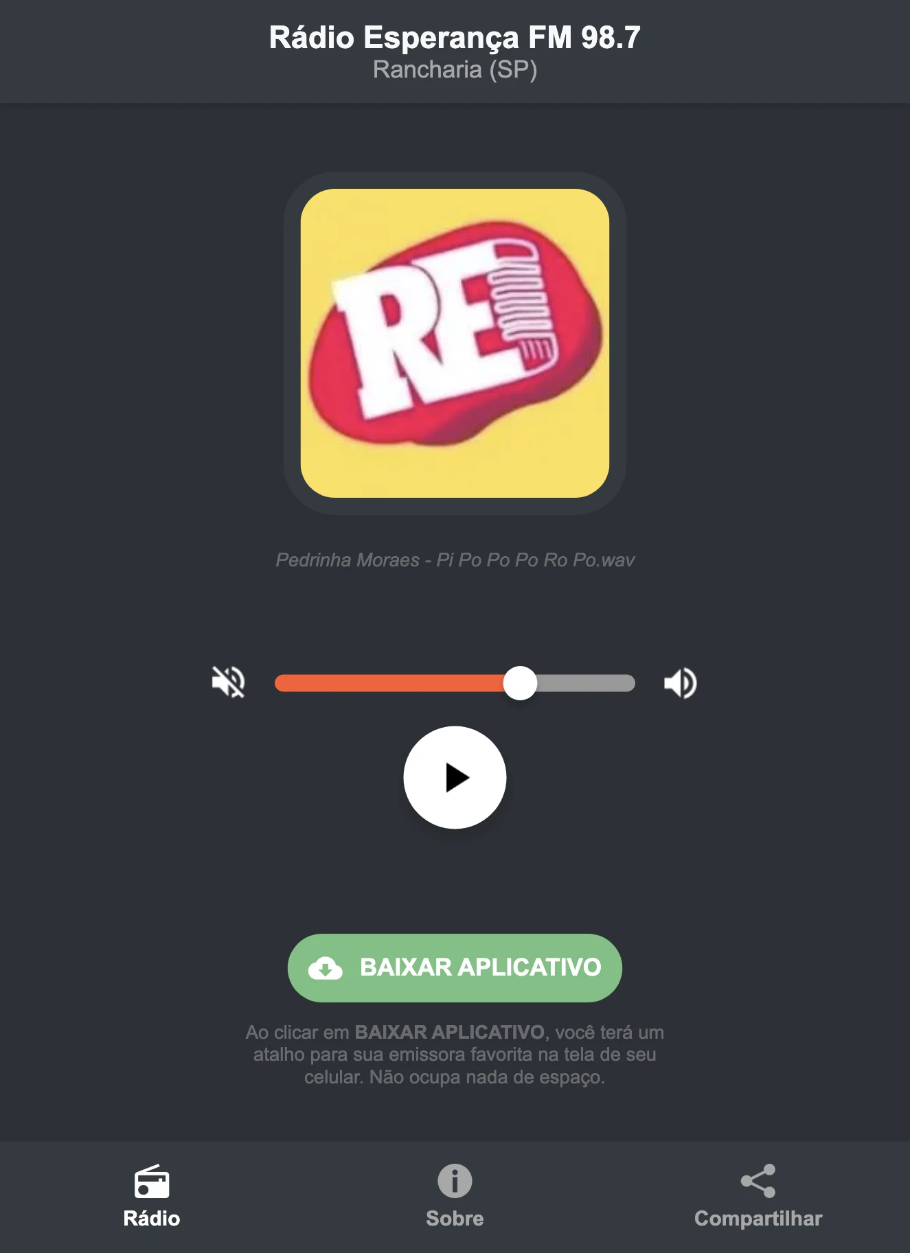 Screenshot do aplicativo da Rádio Esperança FM 98.7