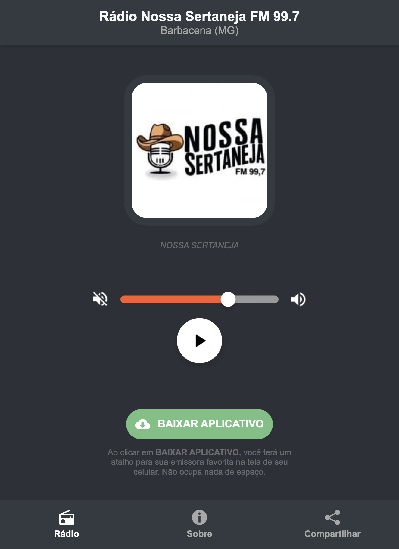Screenshot do aplicativo da Rádio Nossa Sertaneja FM 99.7