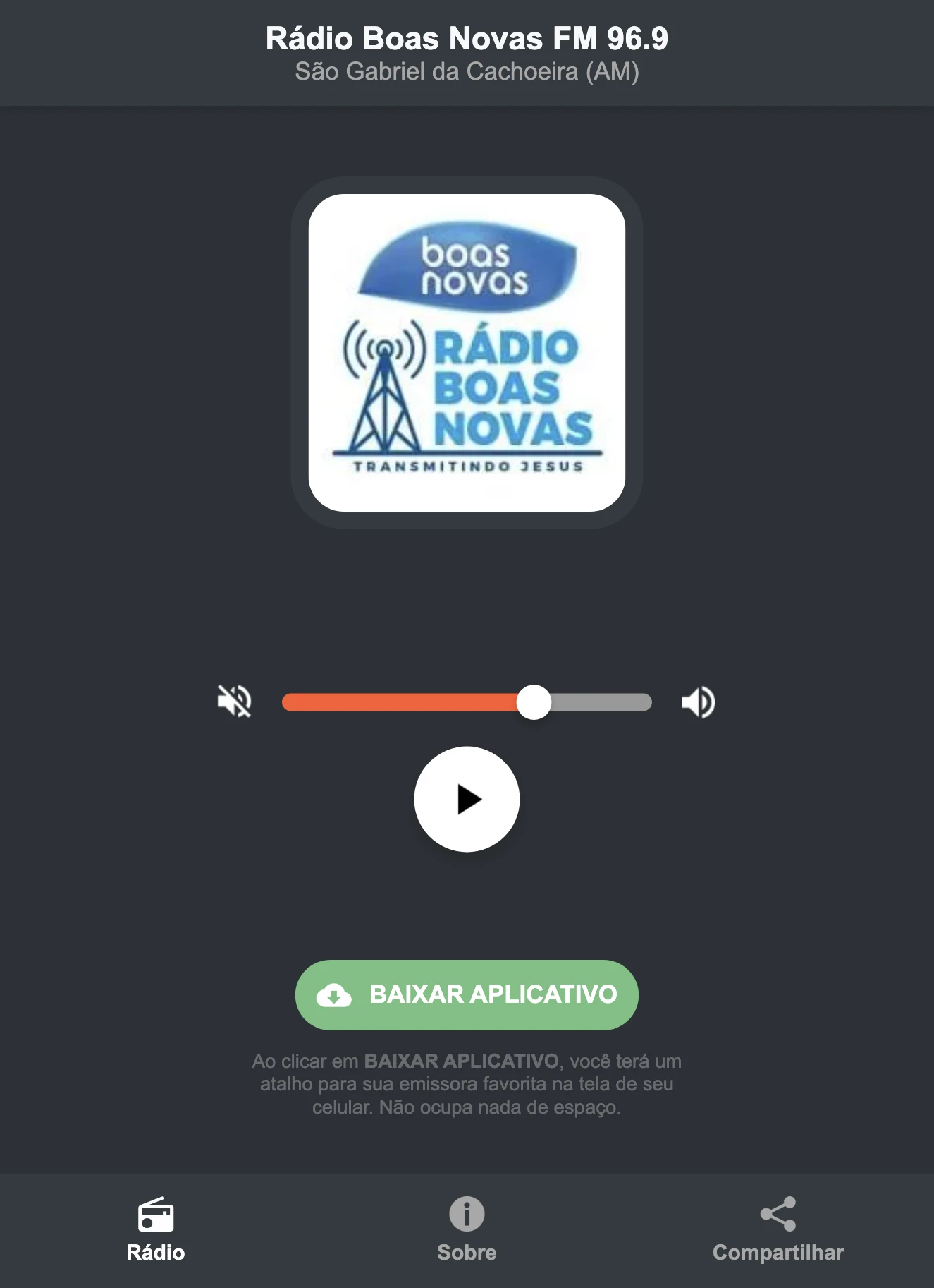 Screenshot do aplicativo da Rádio Boas Novas FM 96.9