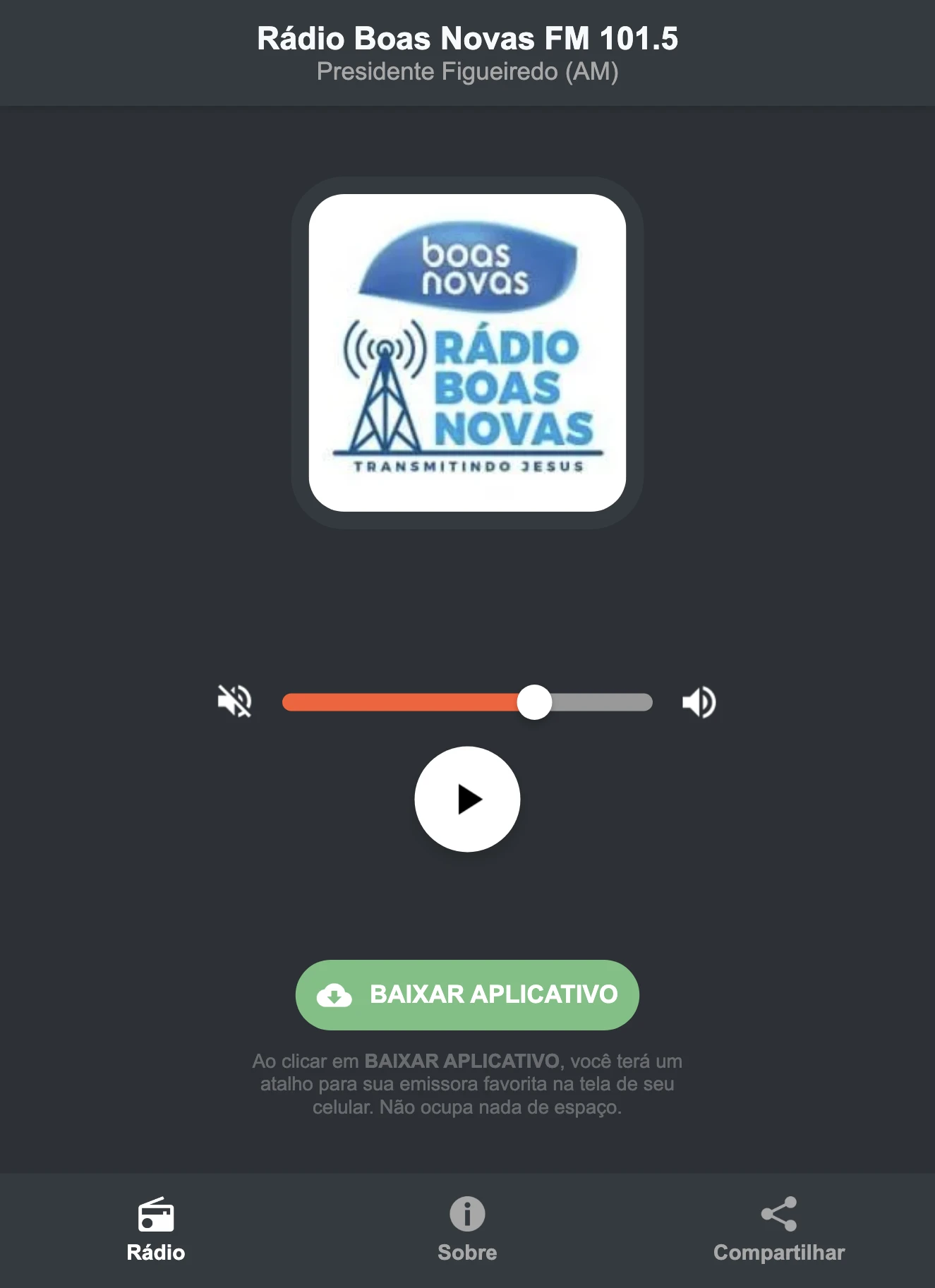 Screenshot do aplicativo da Rádio Boas Novas FM 101.5