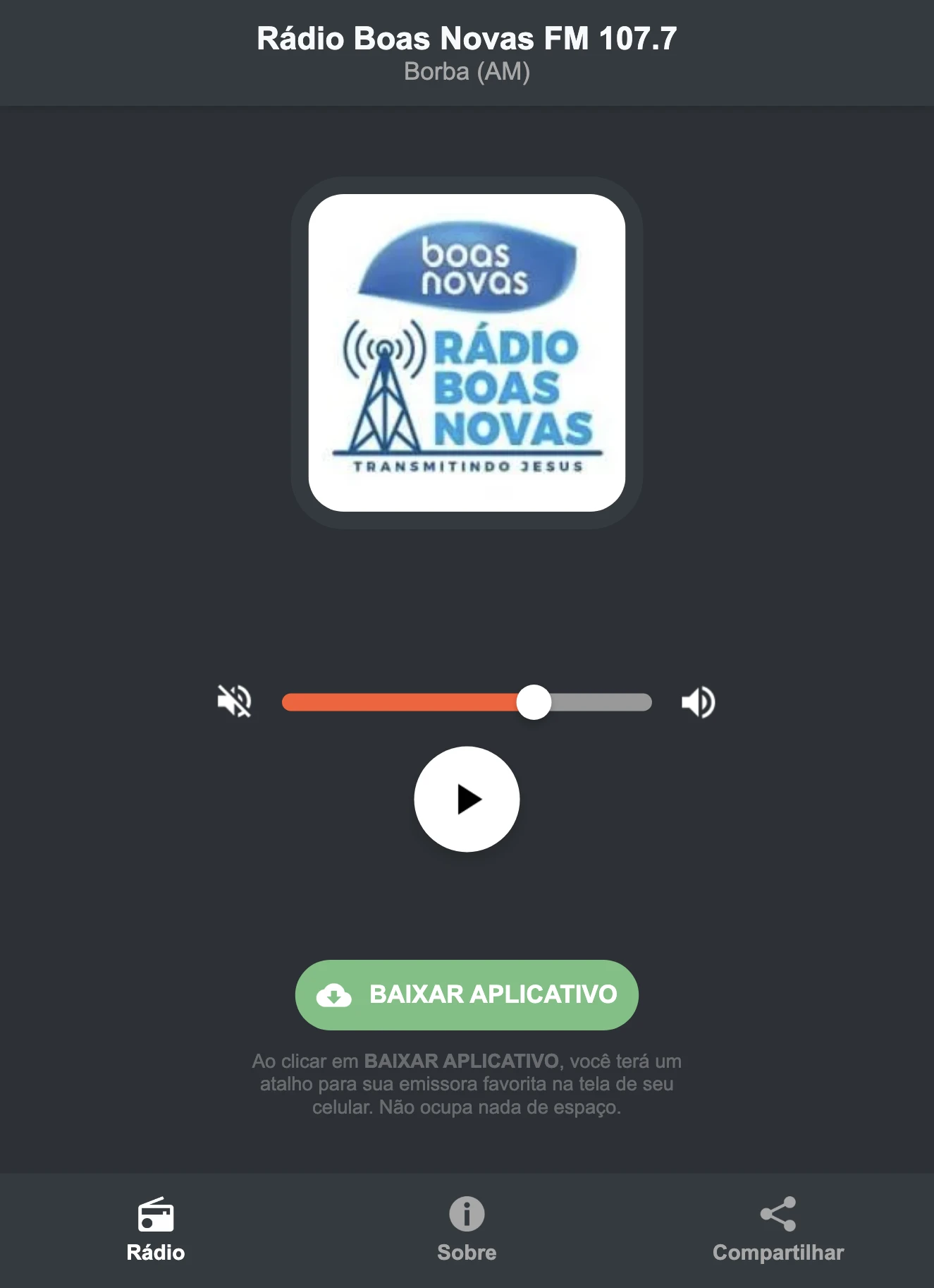 Screenshot do aplicativo da Rádio Boas Novas FM 107.7