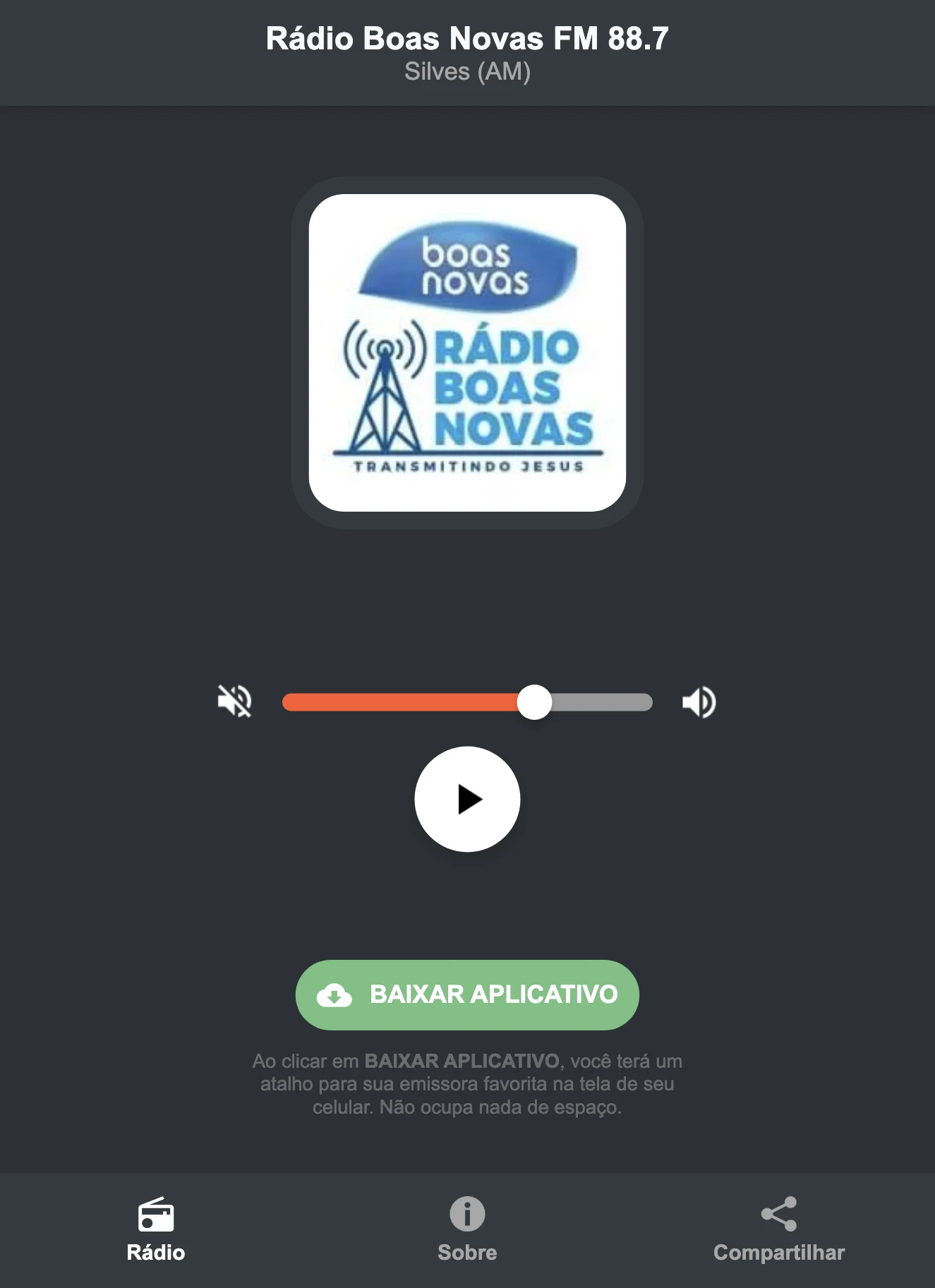 Screenshot do aplicativo da Rádio Boas Novas FM 88.7