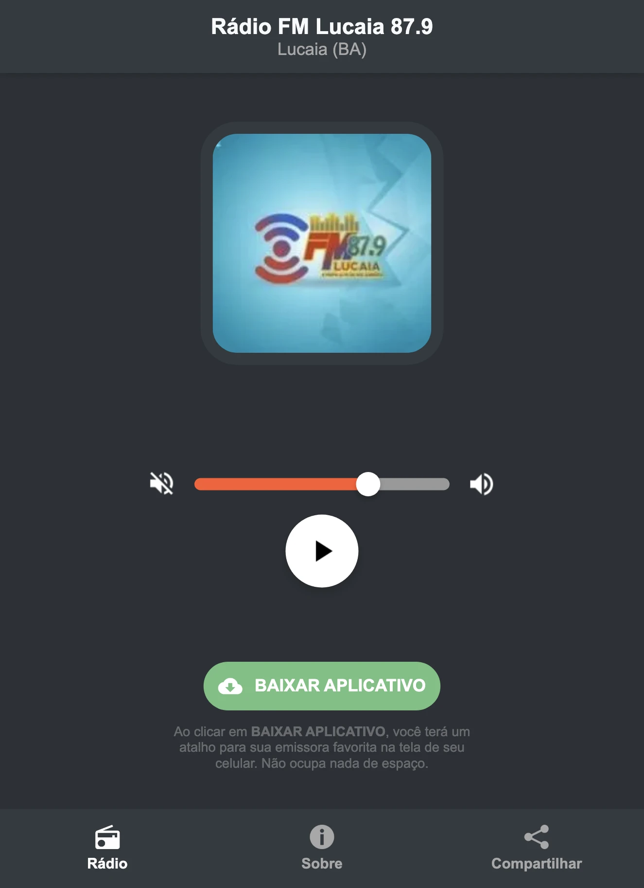 Screenshot do aplicativo da Rádio FM Lucaia 87.9