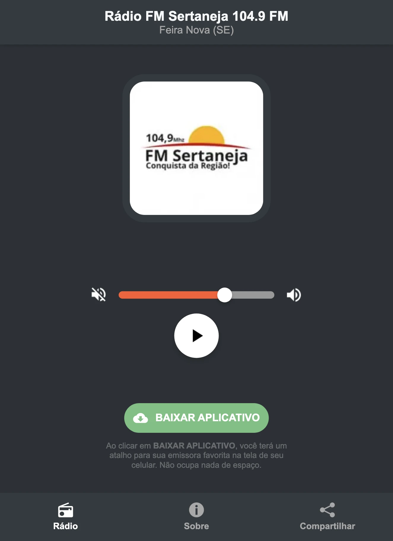 Screenshot do aplicativo da Rádio FM Sertaneja 104.9 FM