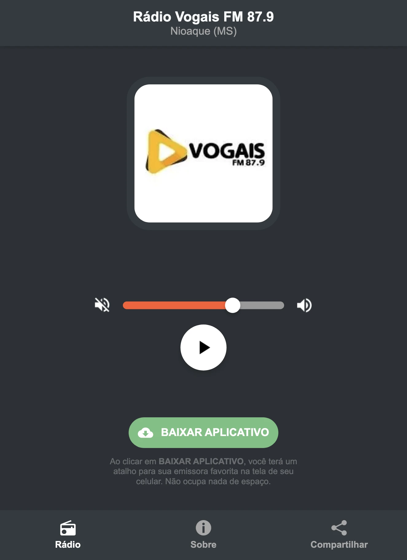 Screenshot do aplicativo da Rádio Vogais FM 87.9