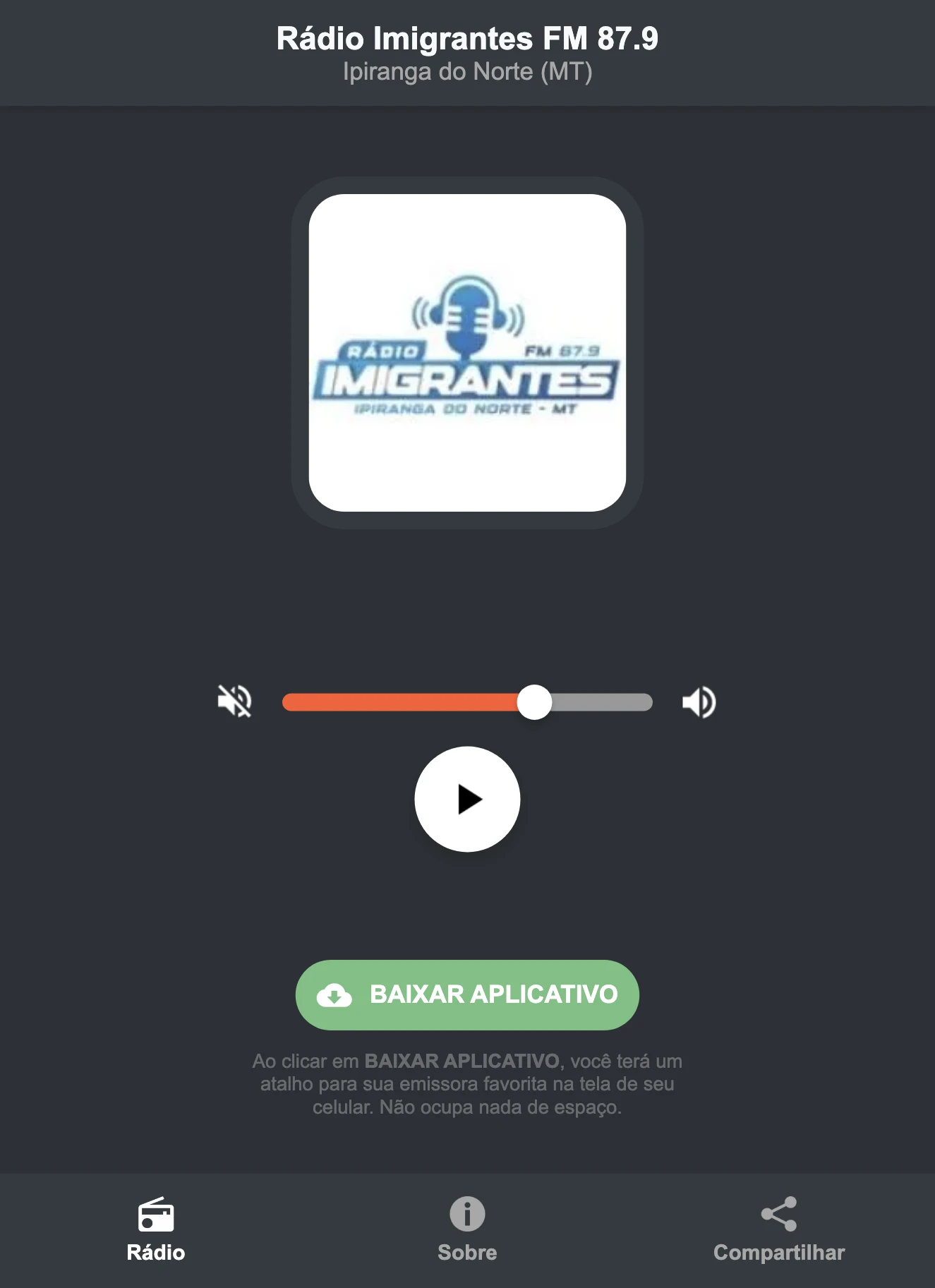 Screenshot do aplicativo da Rádio Imigrantes FM 87.9