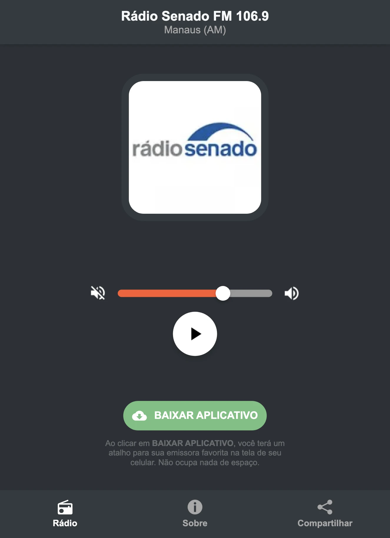 Screenshot do aplicativo da Rádio Senado FM 106.9