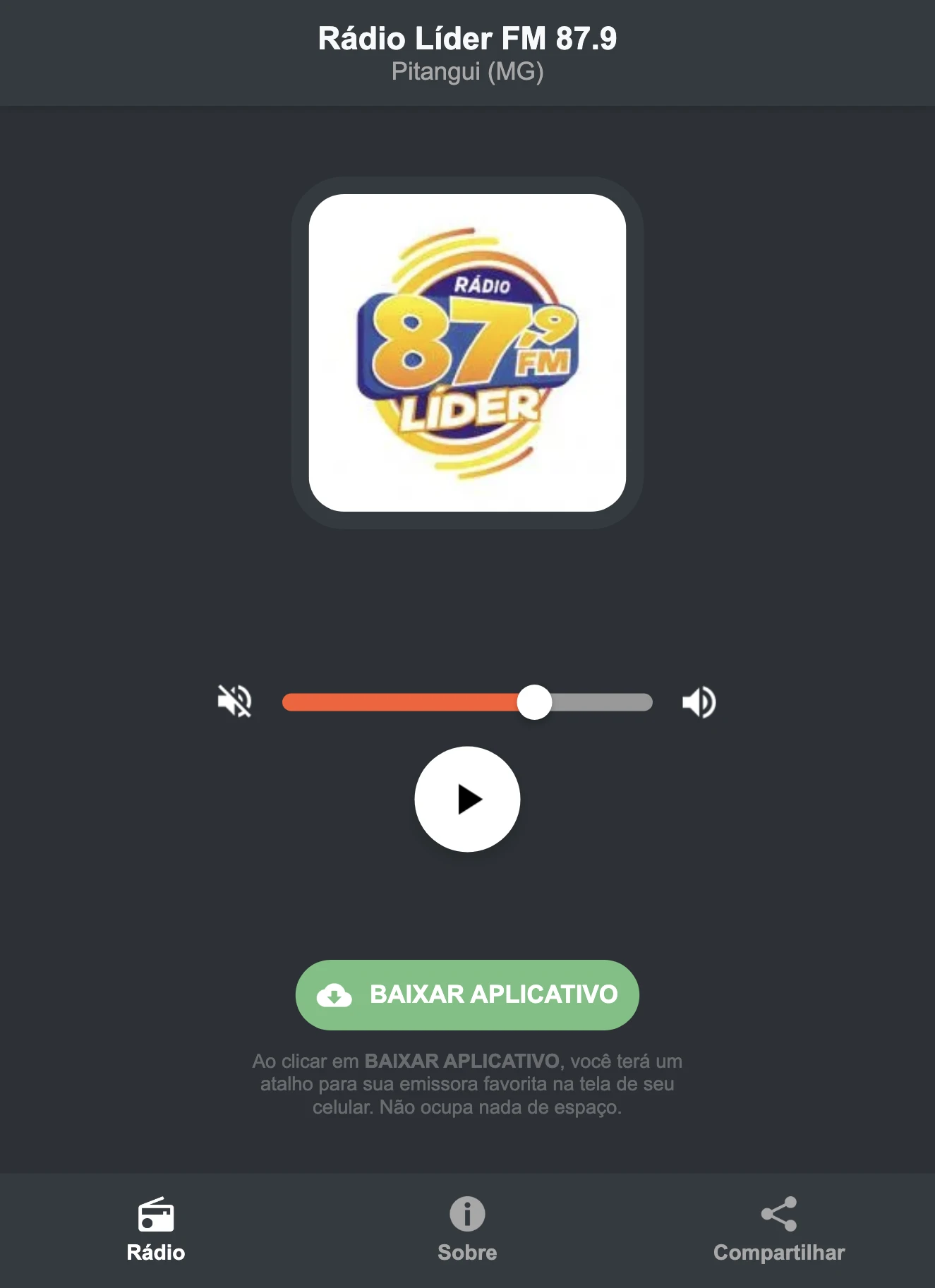 Screenshot do aplicativo da Rádio Líder FM 87.9