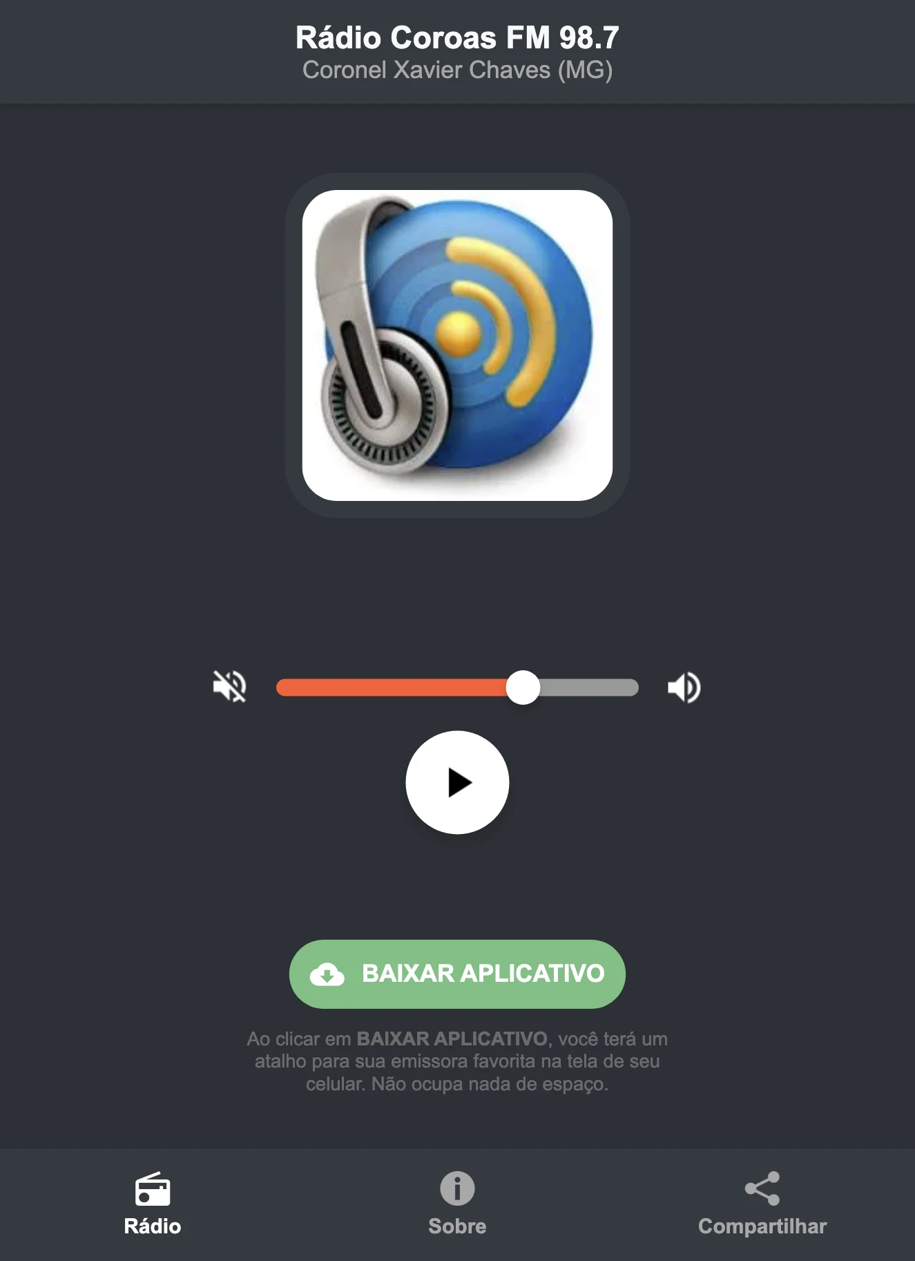 Screenshot do aplicativo da Rádio Coroas FM 98.7