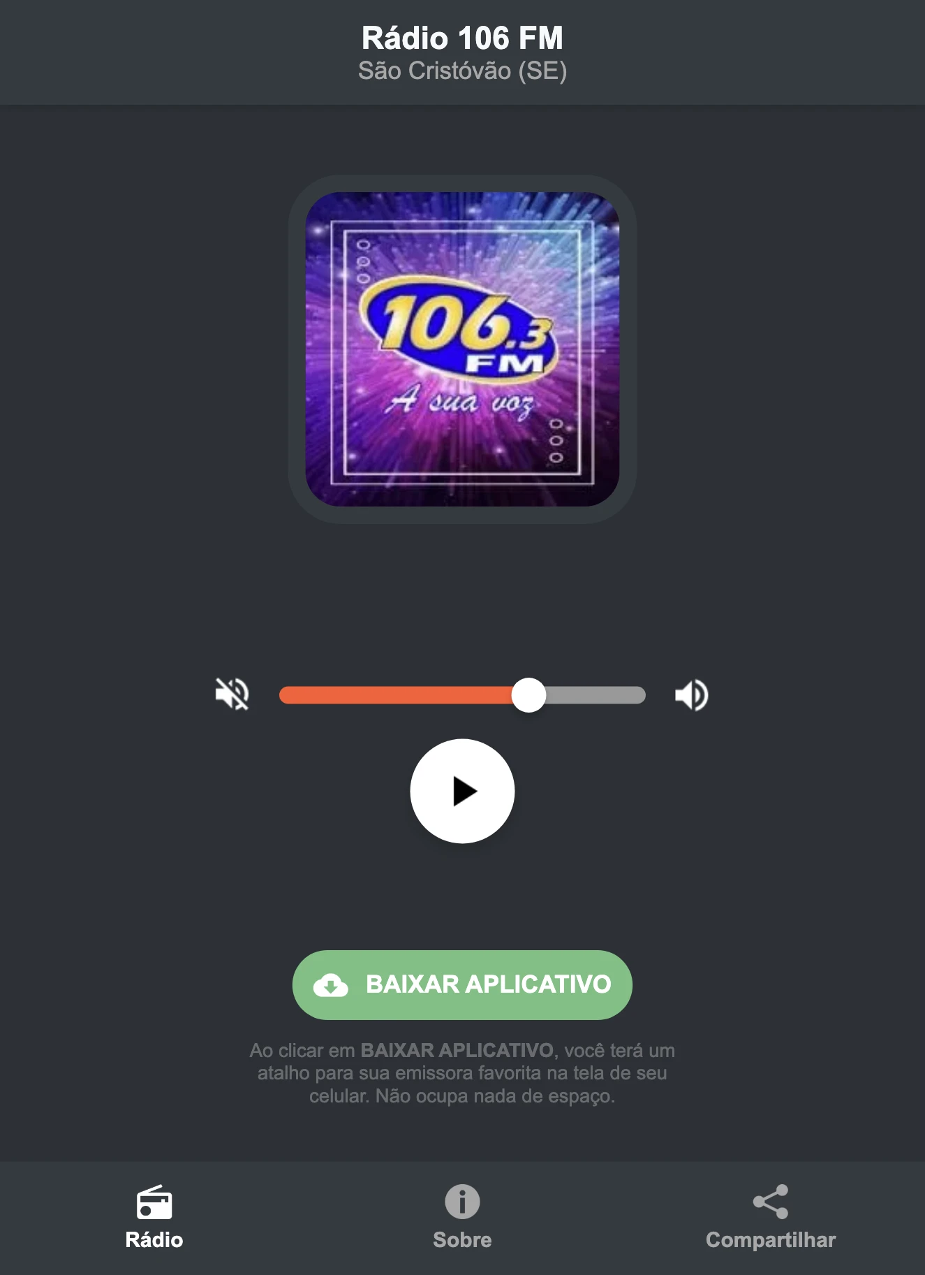 Screenshot do aplicativo da Rádio 106 FM
