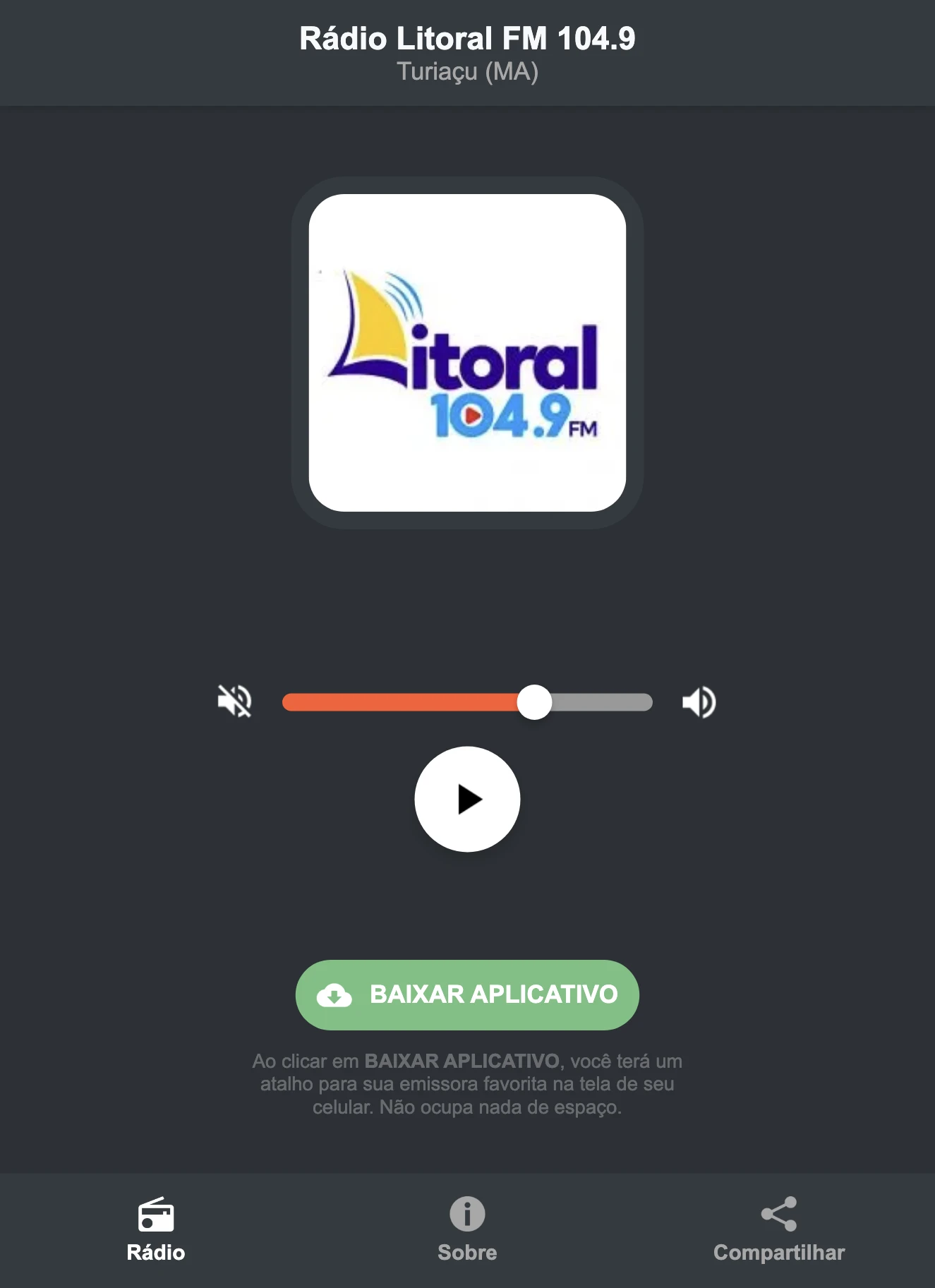 Screenshot do aplicativo da Rádio Litoral FM 104.9