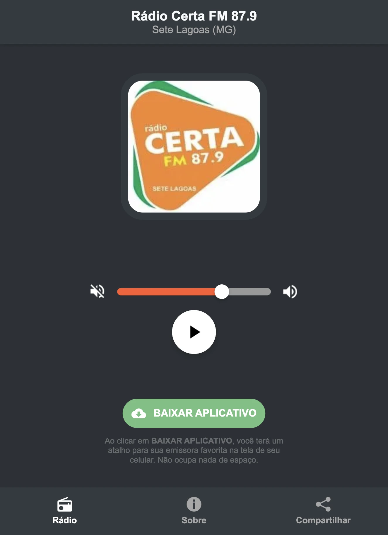 Screenshot do aplicativo da Rádio Certa FM 87.9