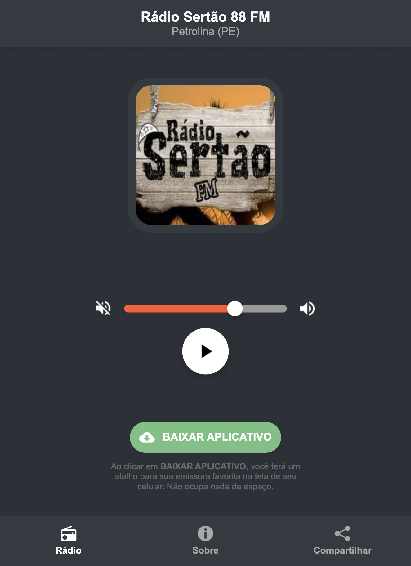 Screenshot do aplicativo da Rádio Sertão 88 FM
