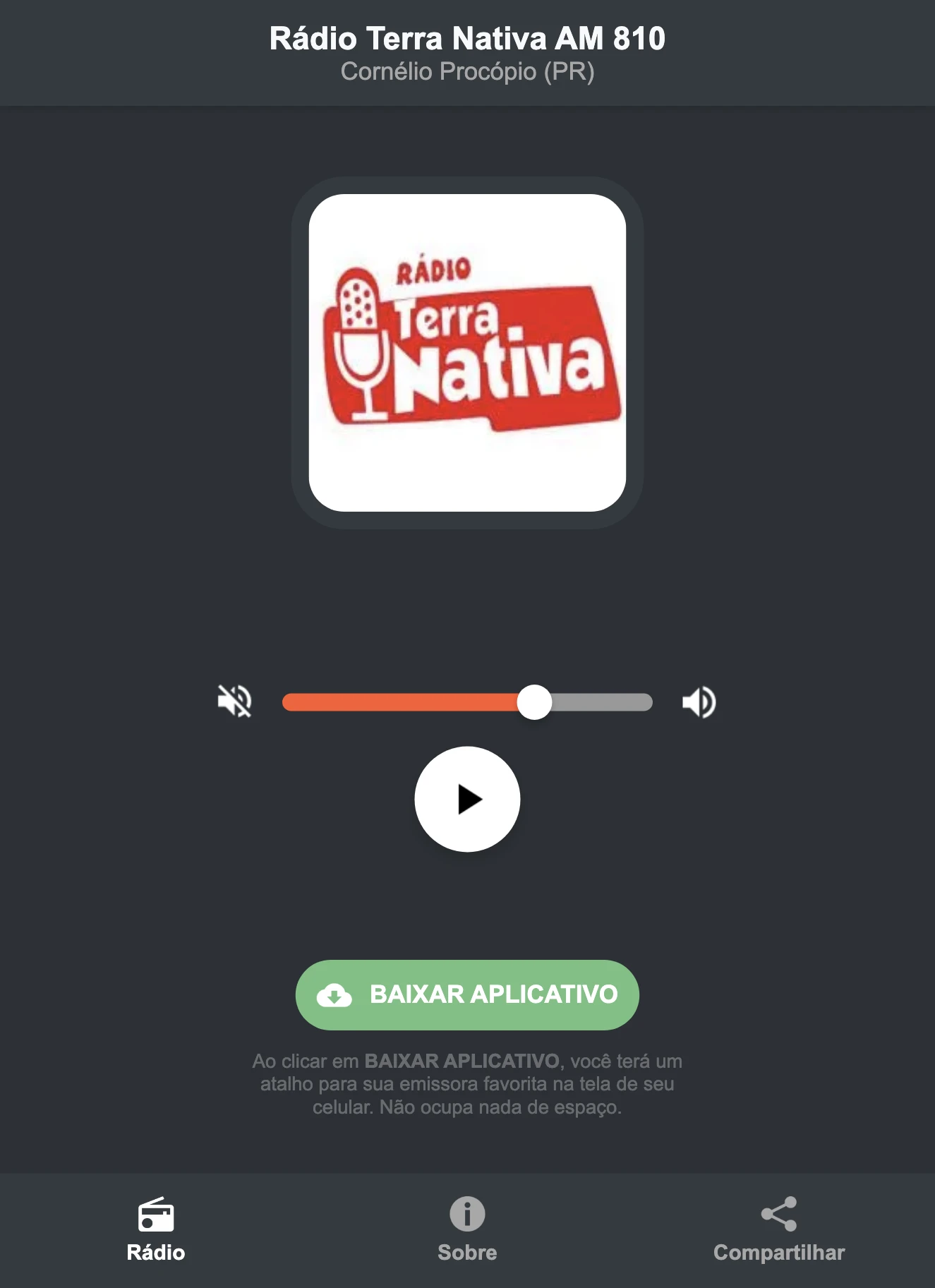 Screenshot do aplicativo da Rádio Terra Nativa AM 810