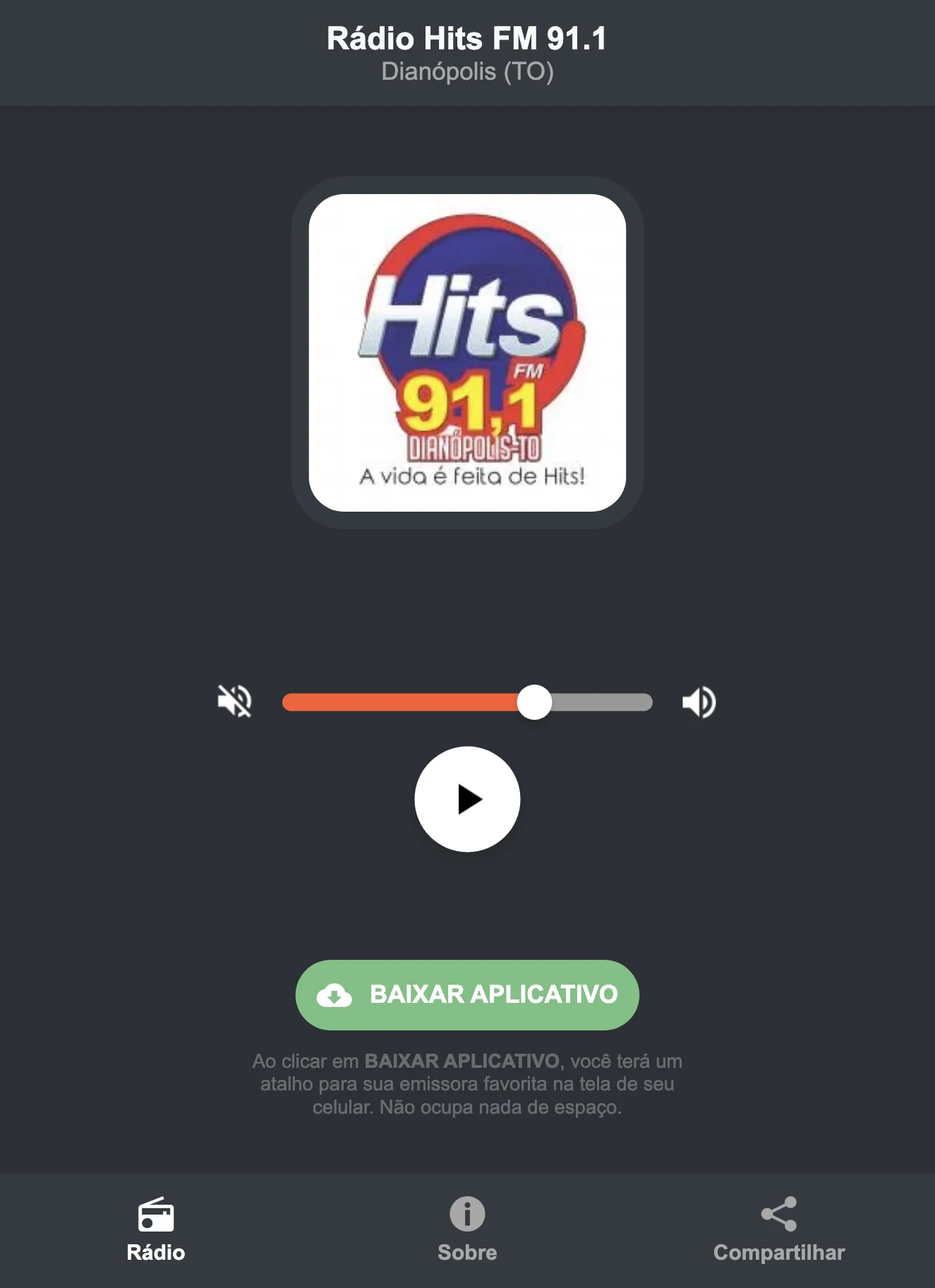 Screenshot do aplicativo da Rádio Hits FM 91.1
