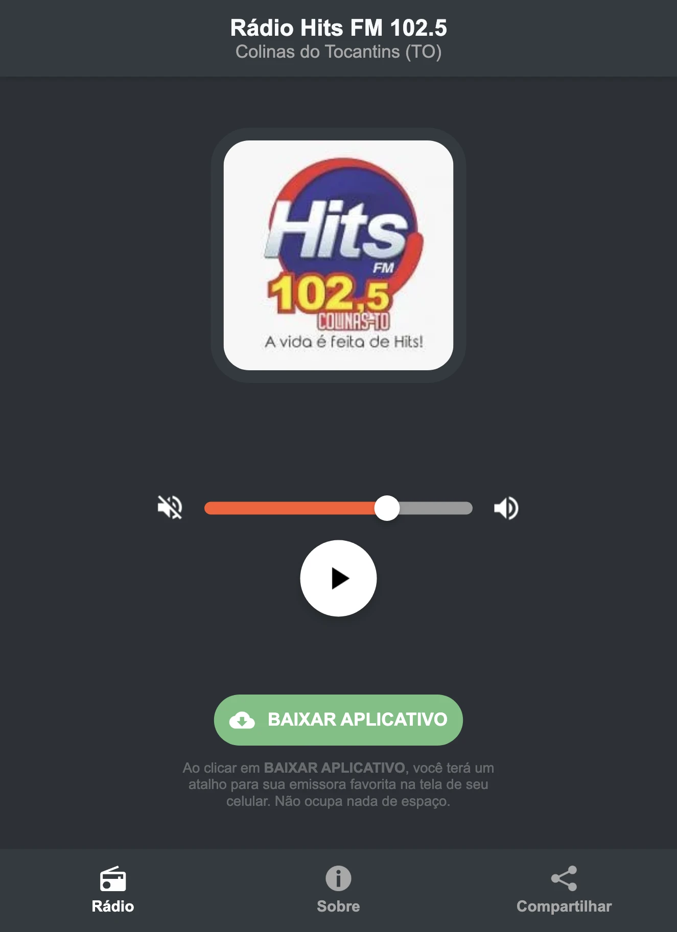 Screenshot do aplicativo da Rádio Hits FM 102.5