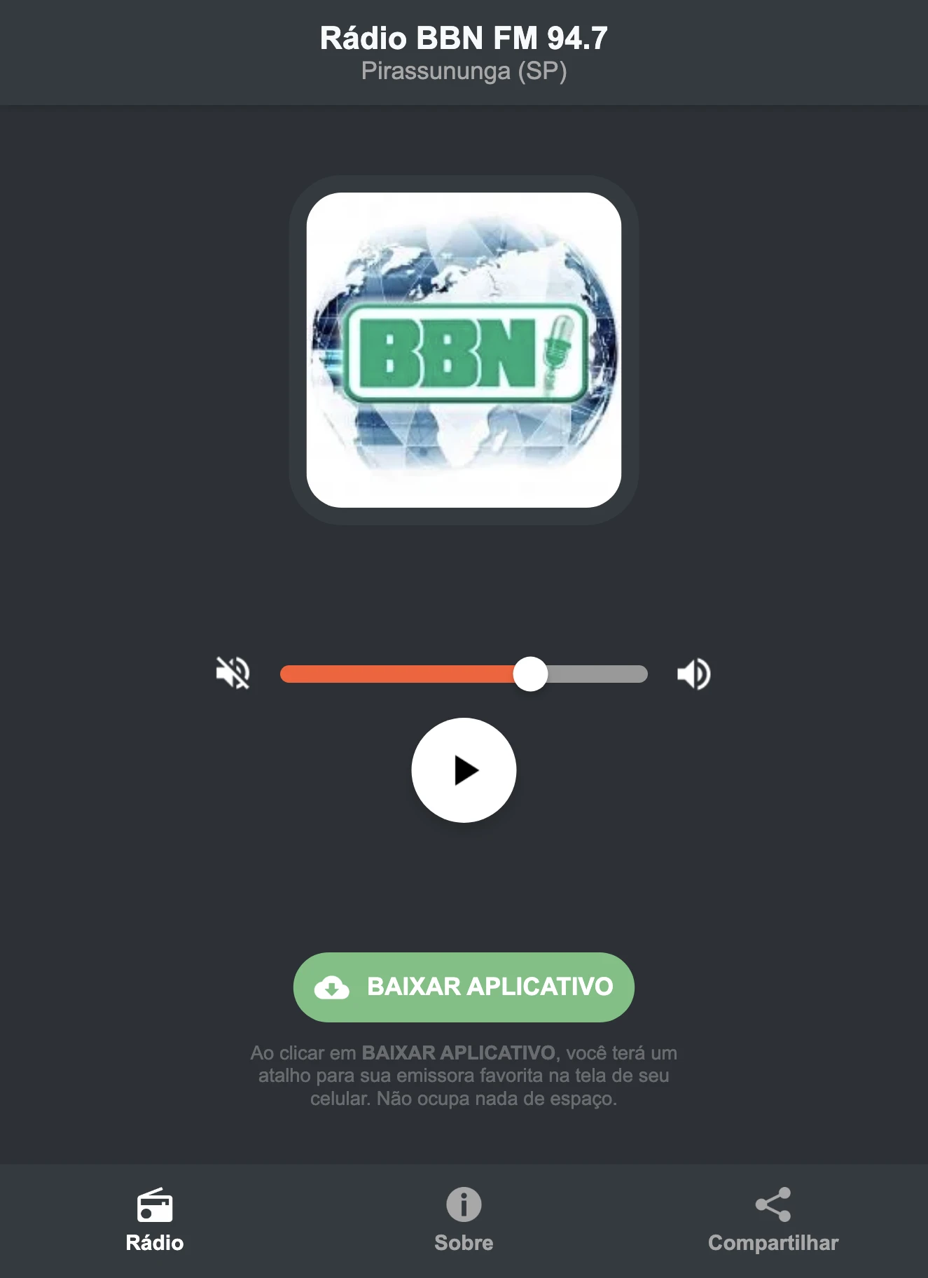 Screenshot do aplicativo da Rádio BBN FM 94.7