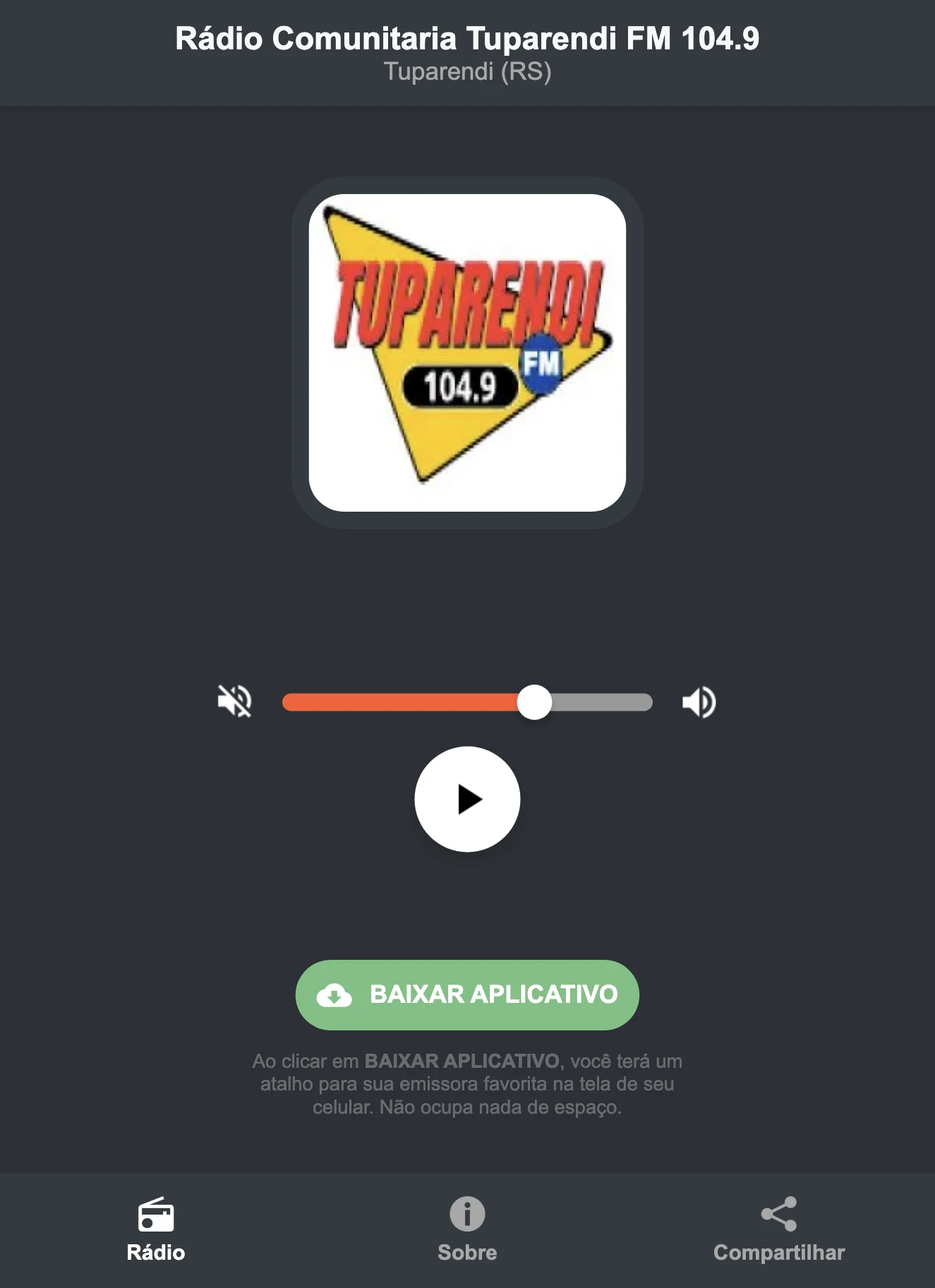 Screenshot do aplicativo da Rádio Comunitaria Tuparendi FM 104.9