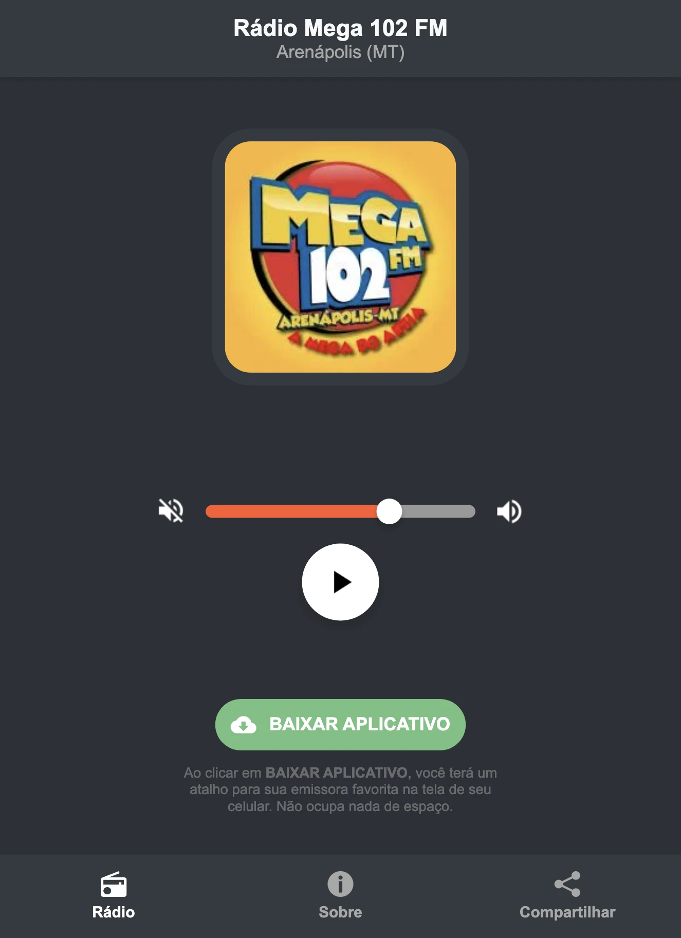 Screenshot do aplicativo da Rádio Mega 102 FM