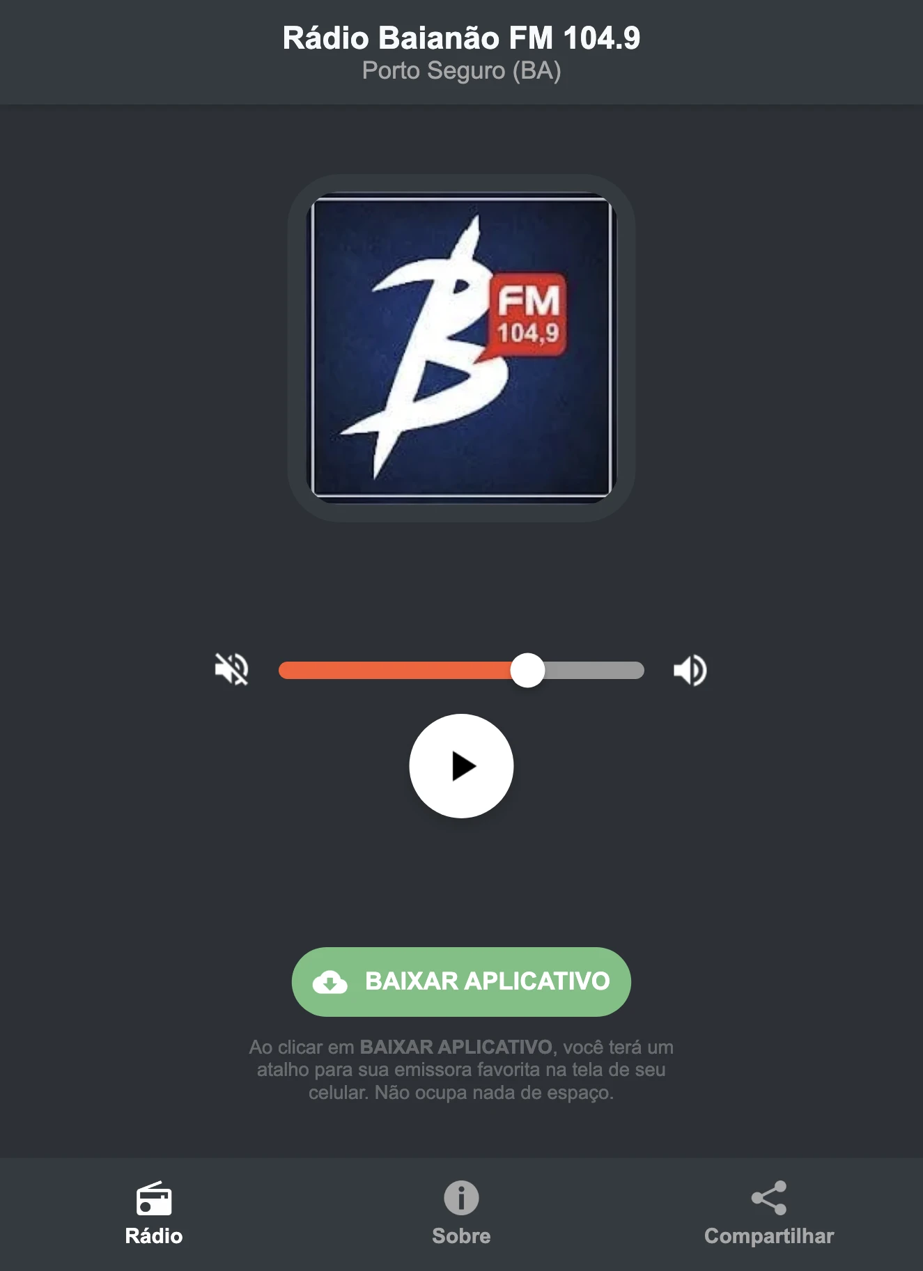 Screenshot do aplicativo da Rádio Baianão FM 104.9