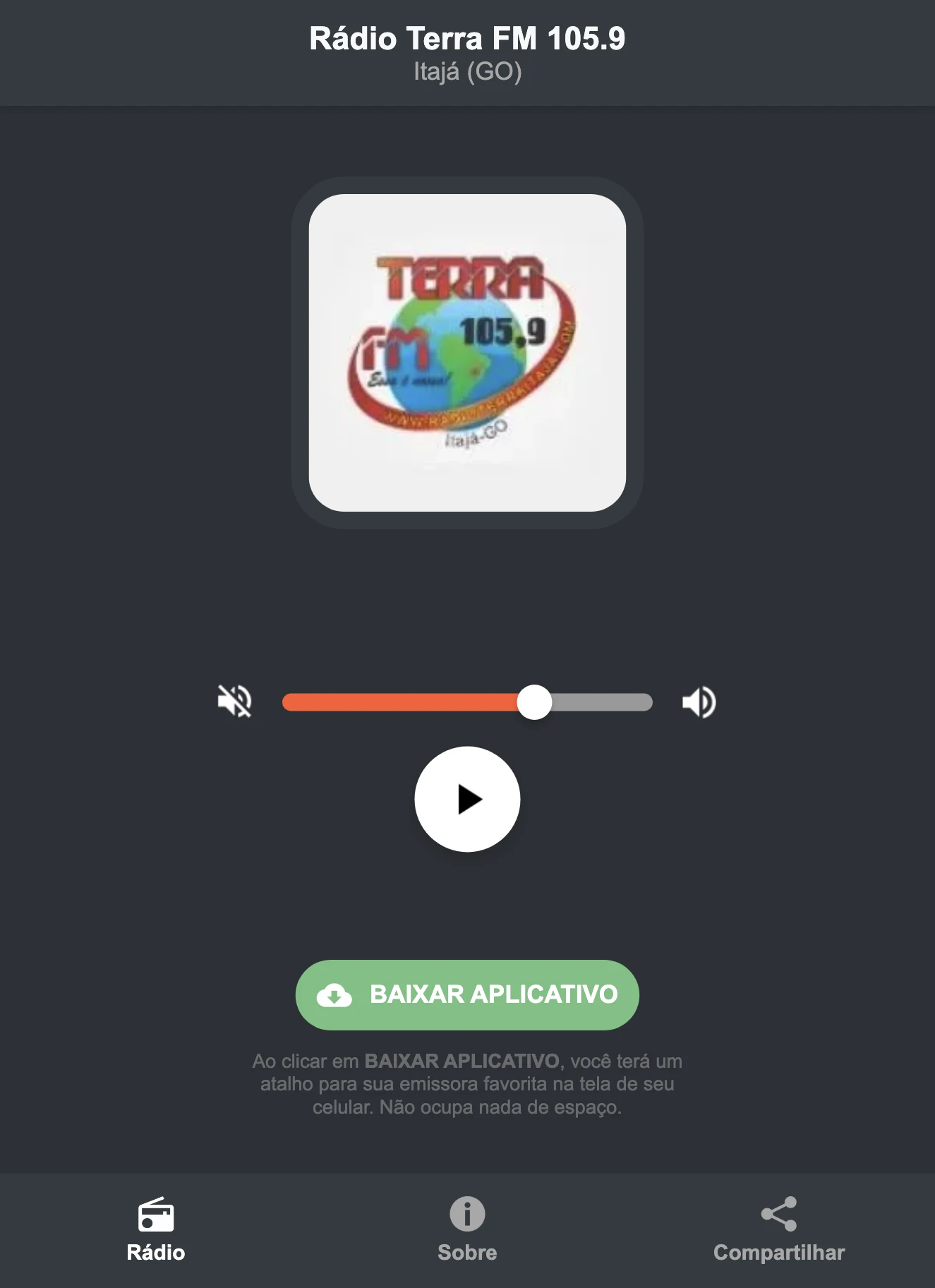 Screenshot do aplicativo da Rádio Terra FM 105.9