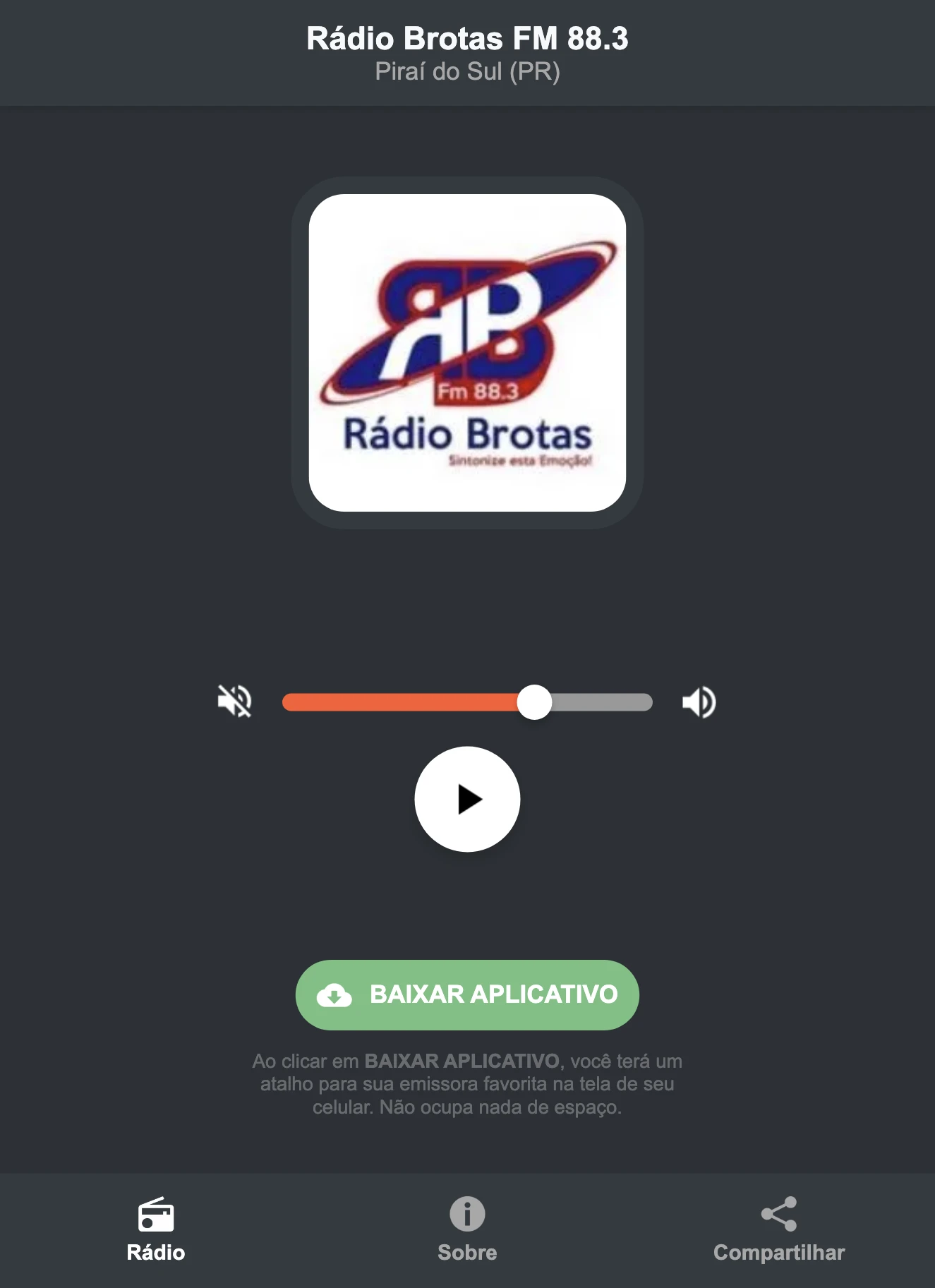 Screenshot do aplicativo da Rádio Brotas FM 88.3