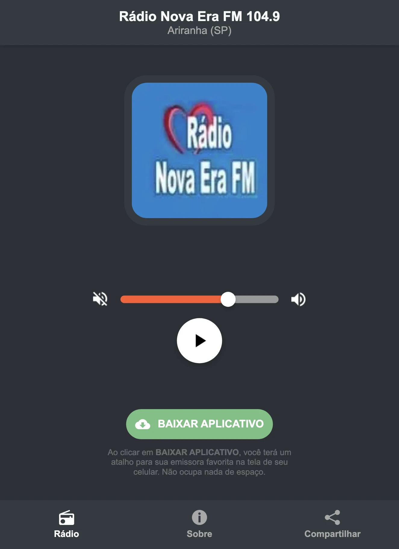 Screenshot do aplicativo da Rádio Nova Era FM 104.9