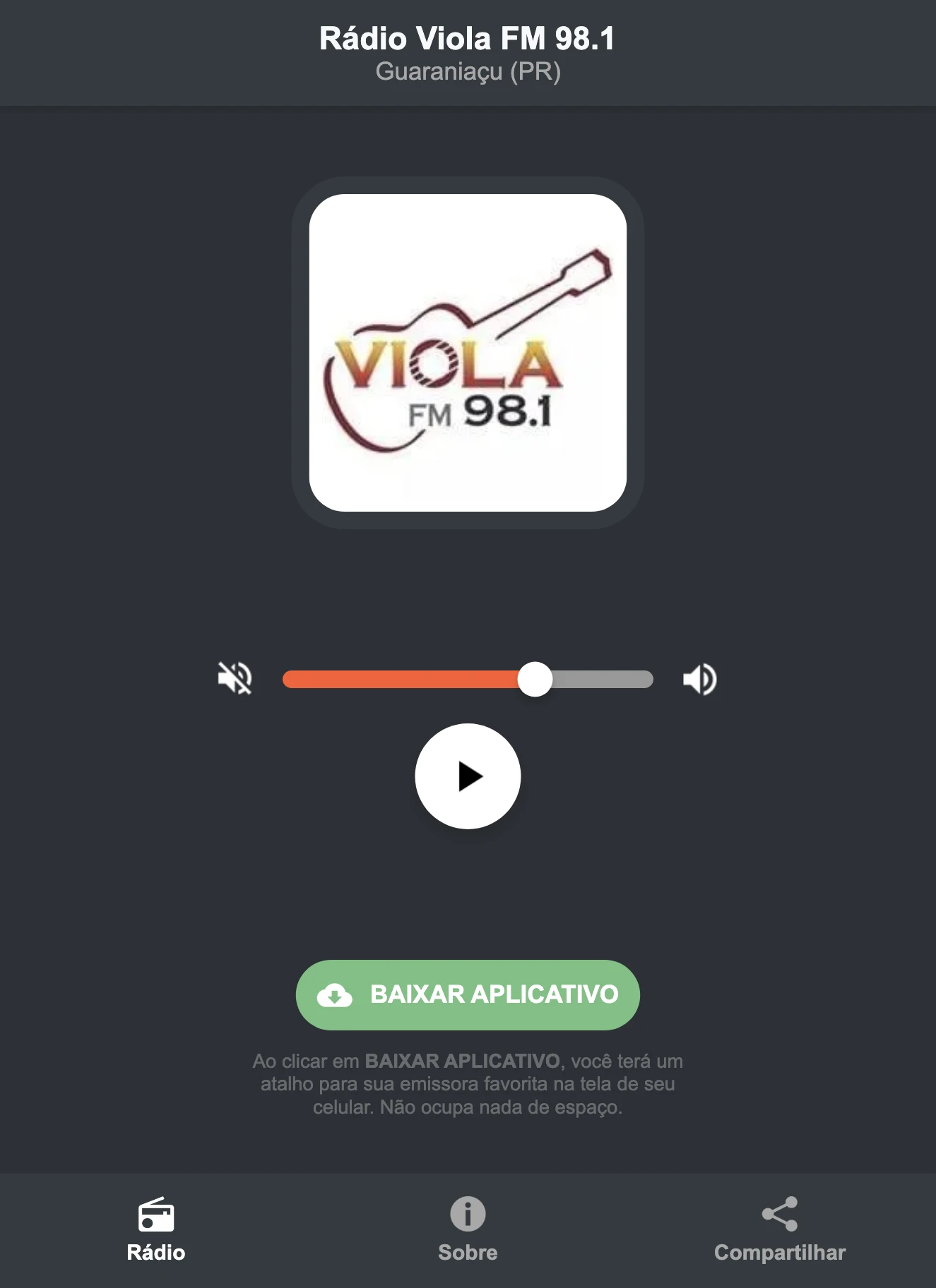 Screenshot do aplicativo da Rádio Viola FM 98.1