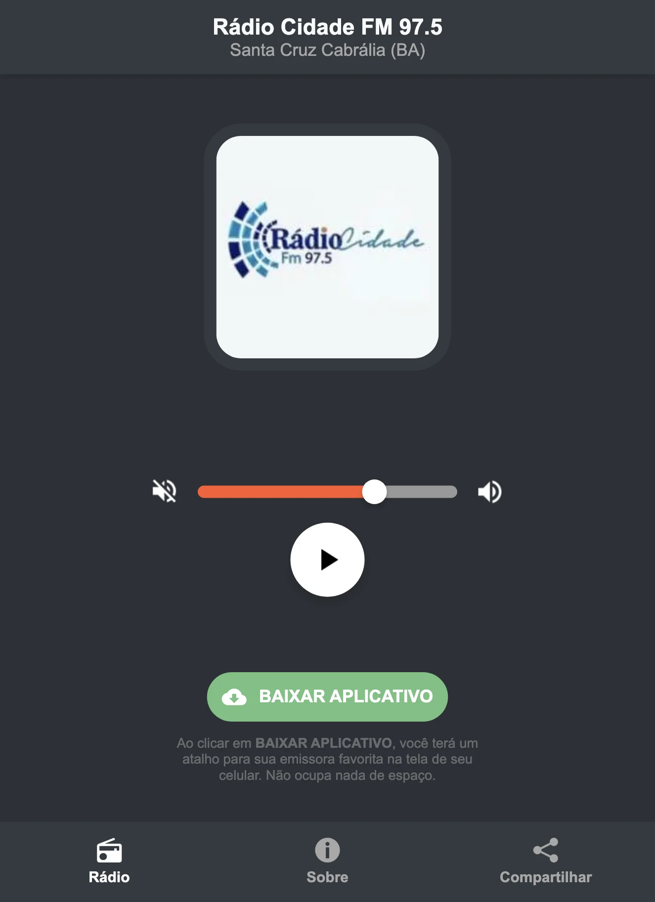 Screenshot do aplicativo da Rádio Cidade FM 97.5