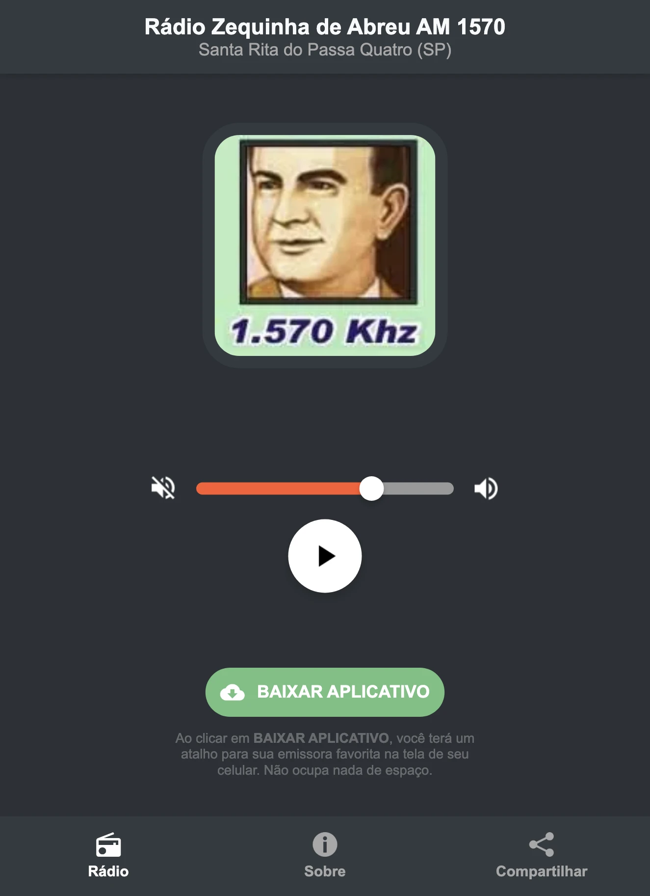 Screenshot do aplicativo da Rádio Zequinha de Abreu AM 1570