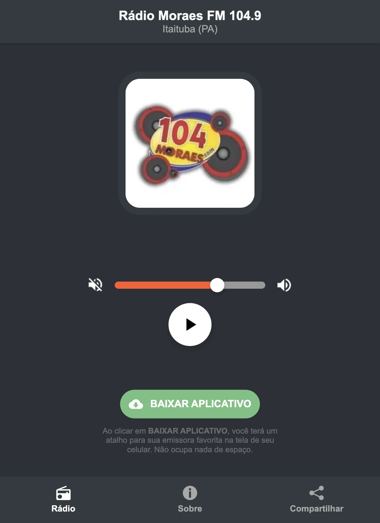 Screenshot do aplicativo da Rádio Moraes FM 104.9