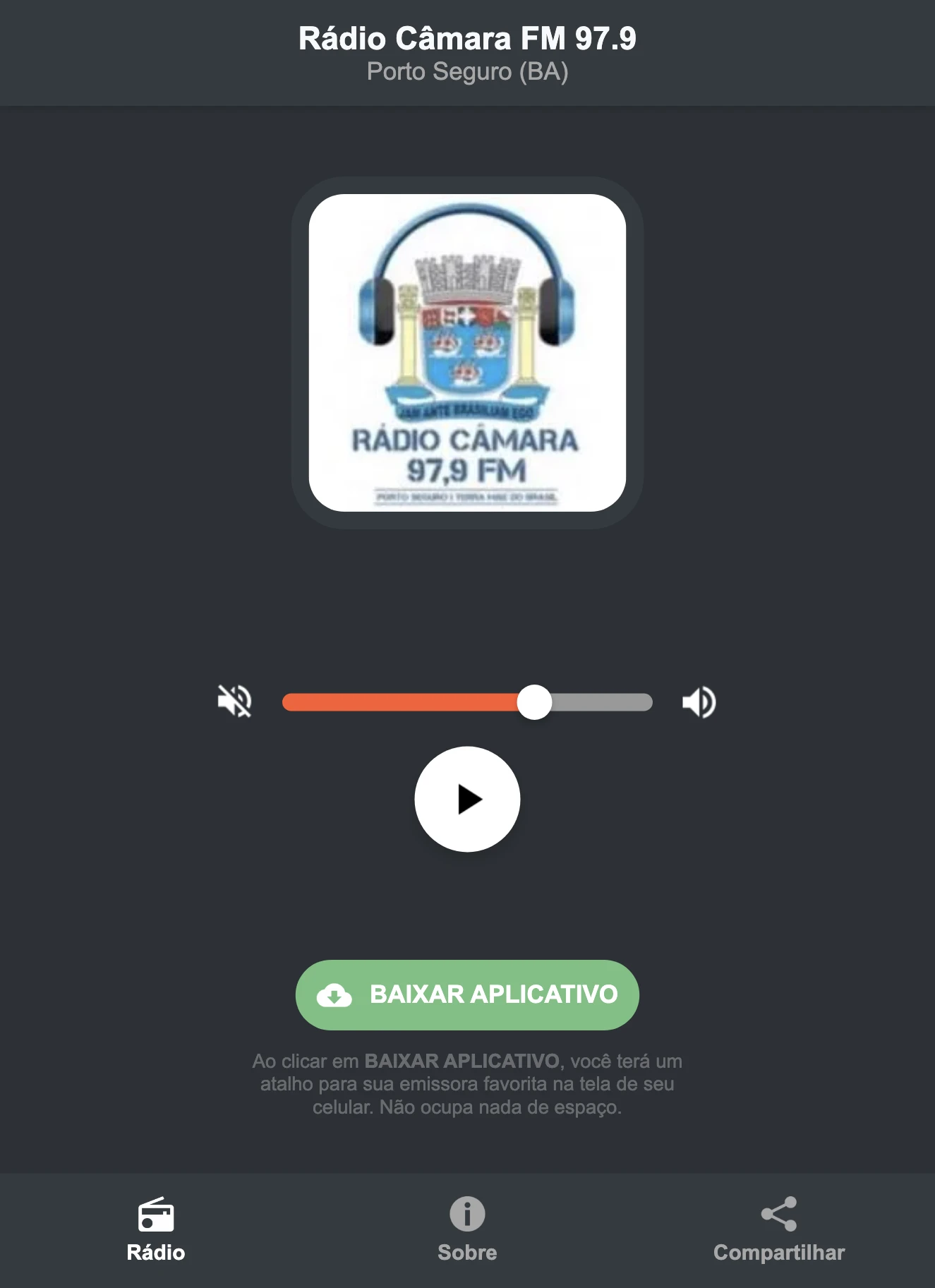 Screenshot do aplicativo da Rádio Câmara FM 97.9