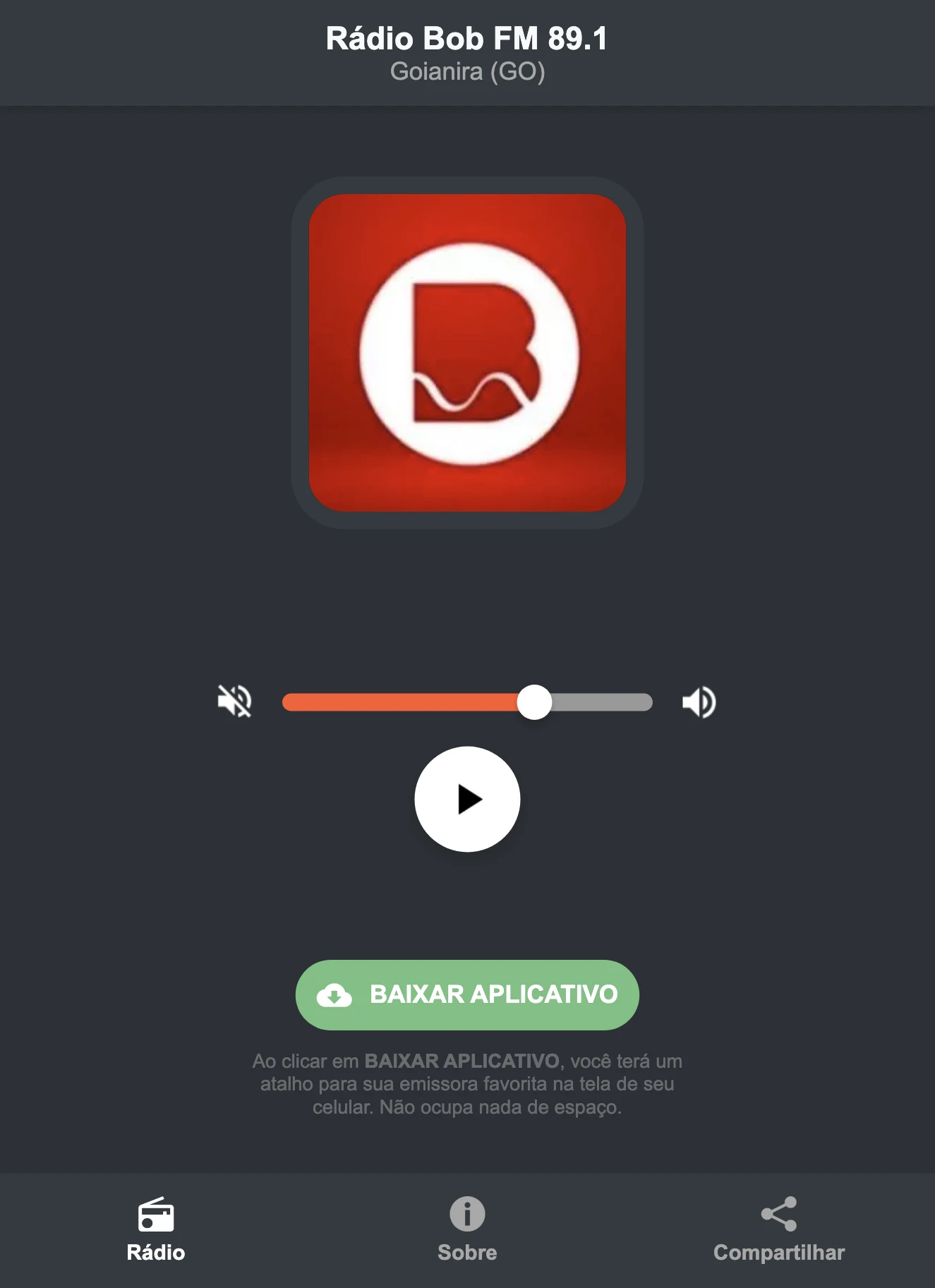 Screenshot do aplicativo da Rádio Bob FM 89.1