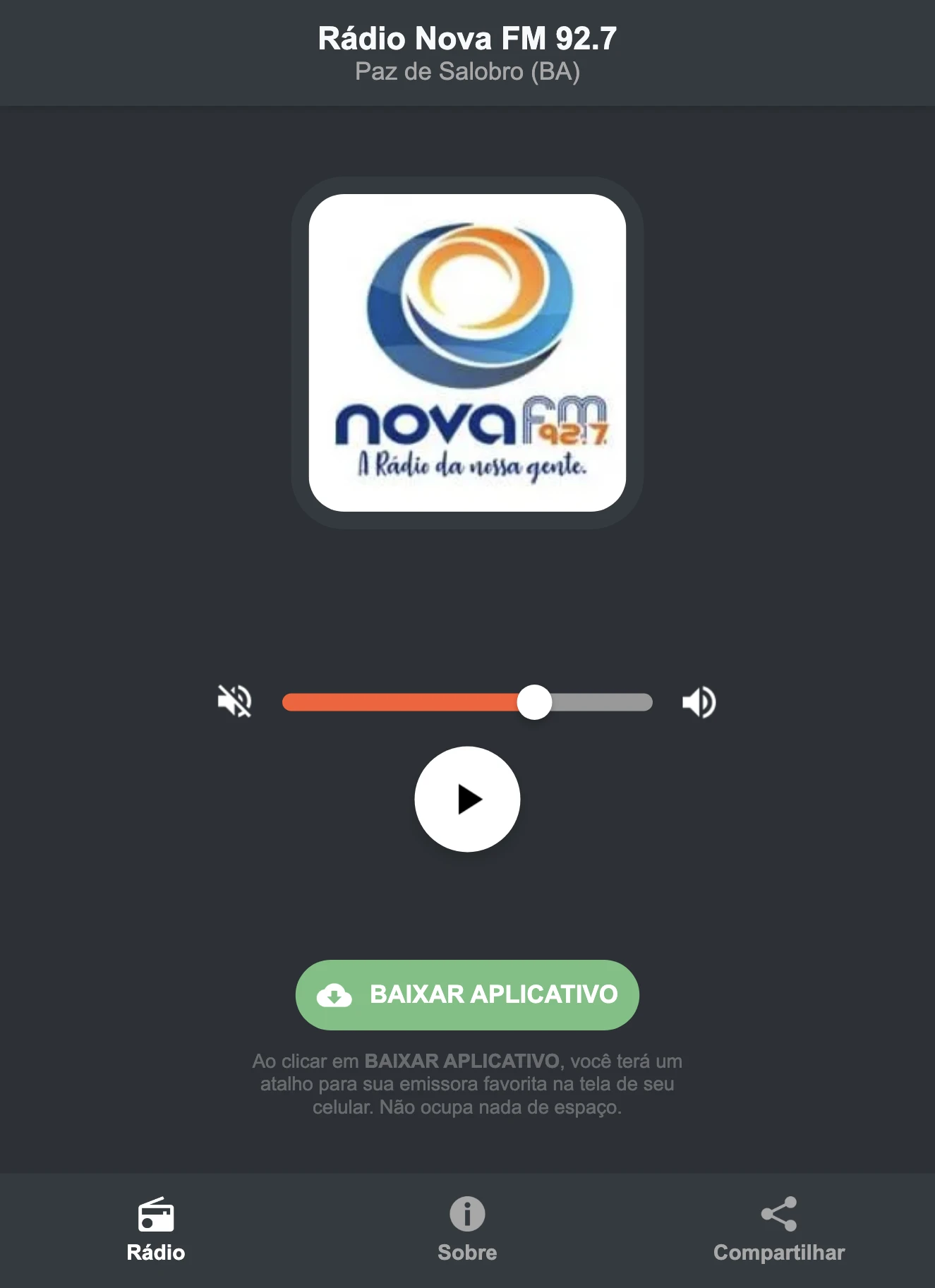 Screenshot do aplicativo da Rádio Nova FM 92.7