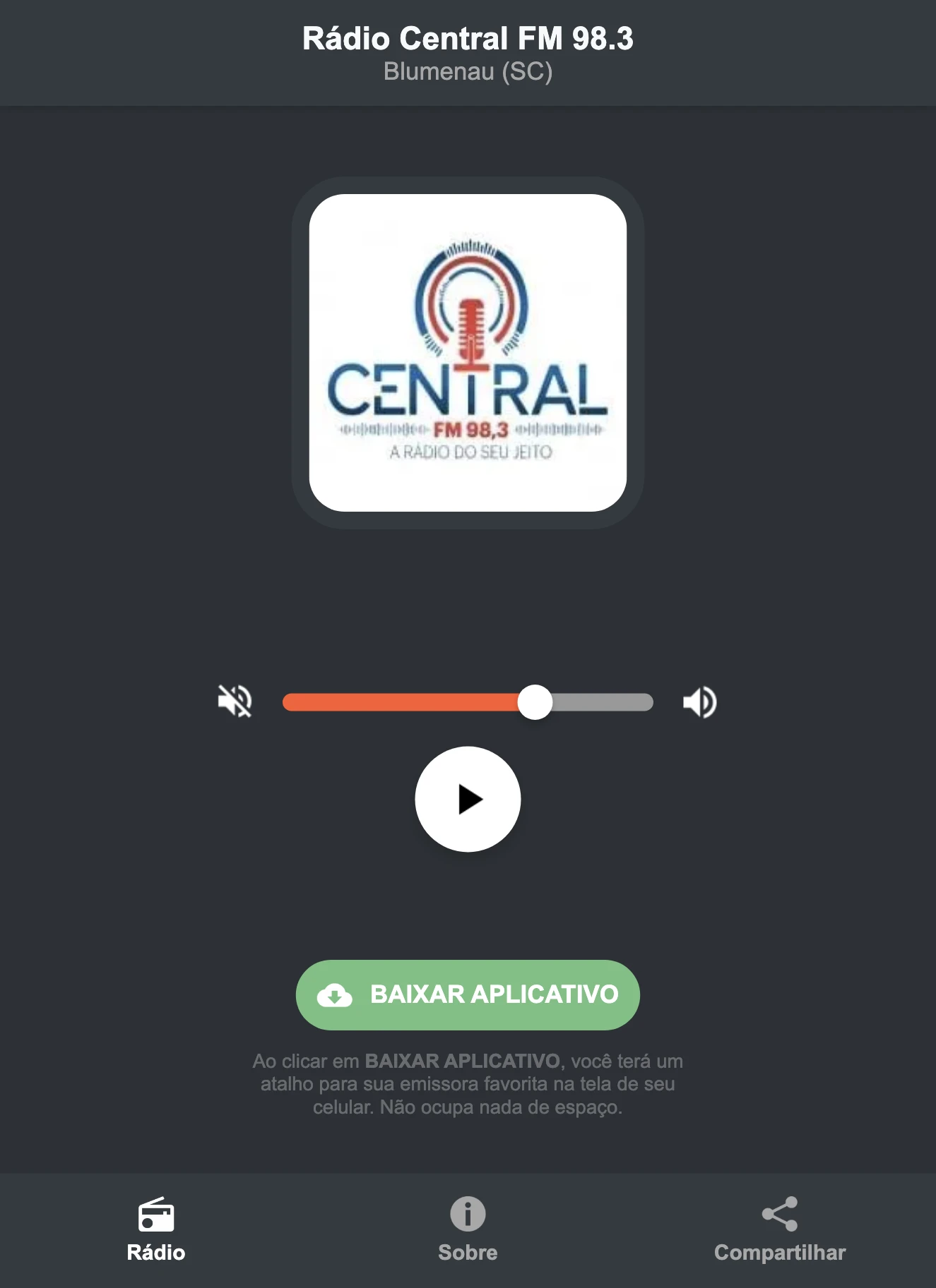 Screenshot do aplicativo da Rádio Central FM 98.3